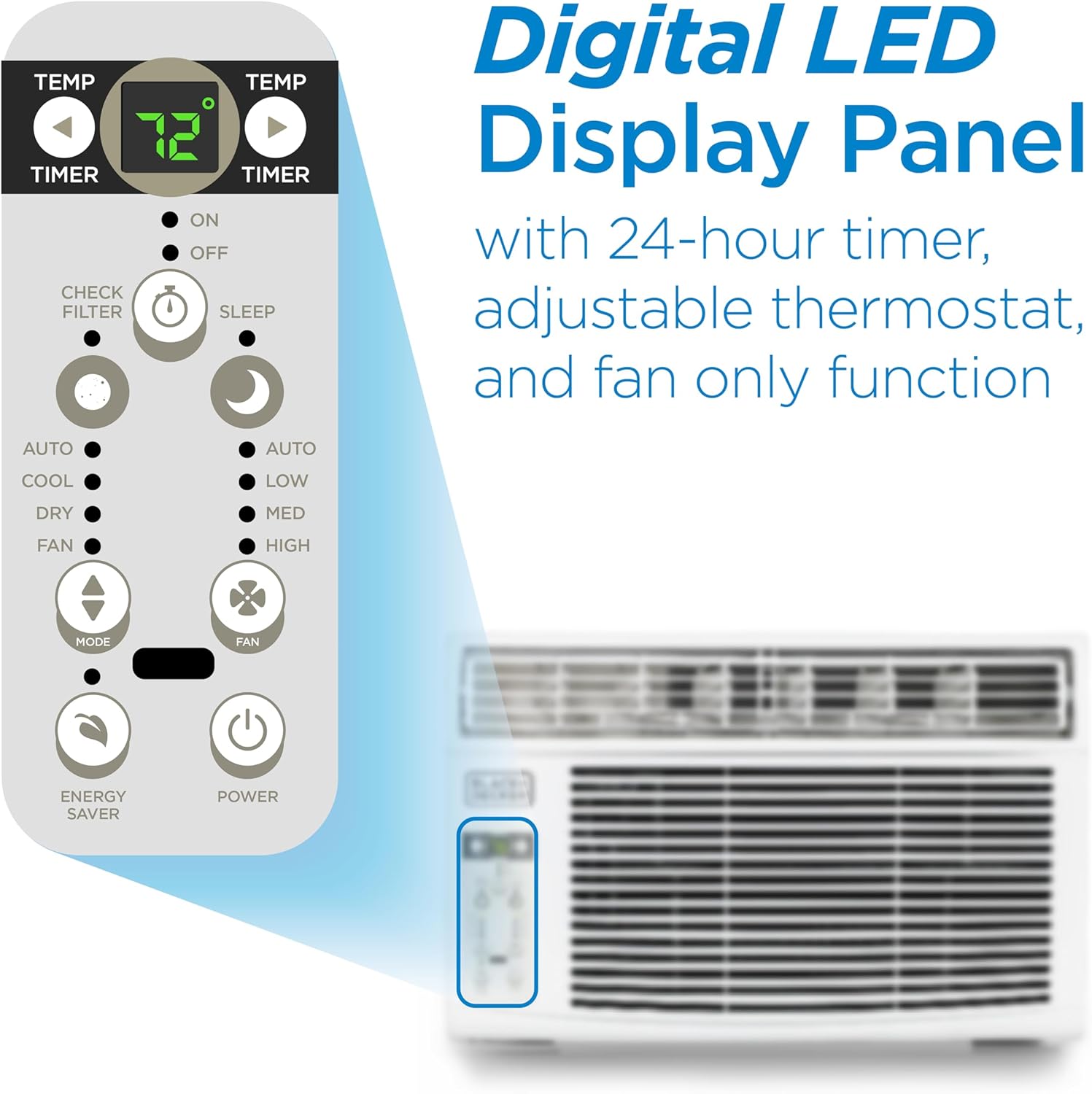 BLACK+DECKER Window Air Conditioner 8000 BTU, AC Window Unit Cools Up to 350 Square Feet, AC Unit with Remote Control, 3 Cooling Speeds and Fan Only Function, BD08WT6, White