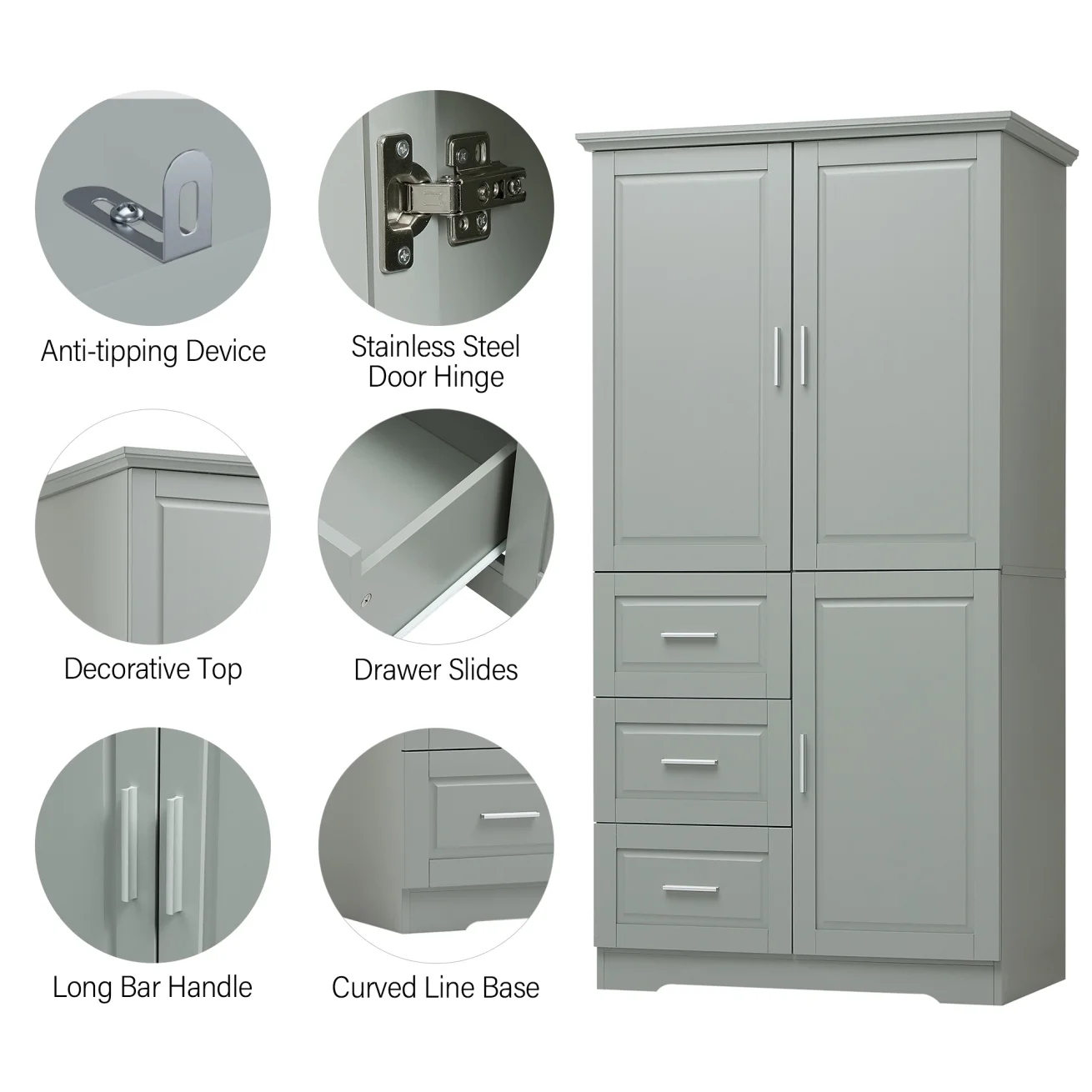 Bathroom Cabinet, 62.2" Tall Storage Cabinet with Doors and Shelves, Freestanding Linen Closet for Bathroom, Kitchen, Living Room, Grey(Grey) - Image 6