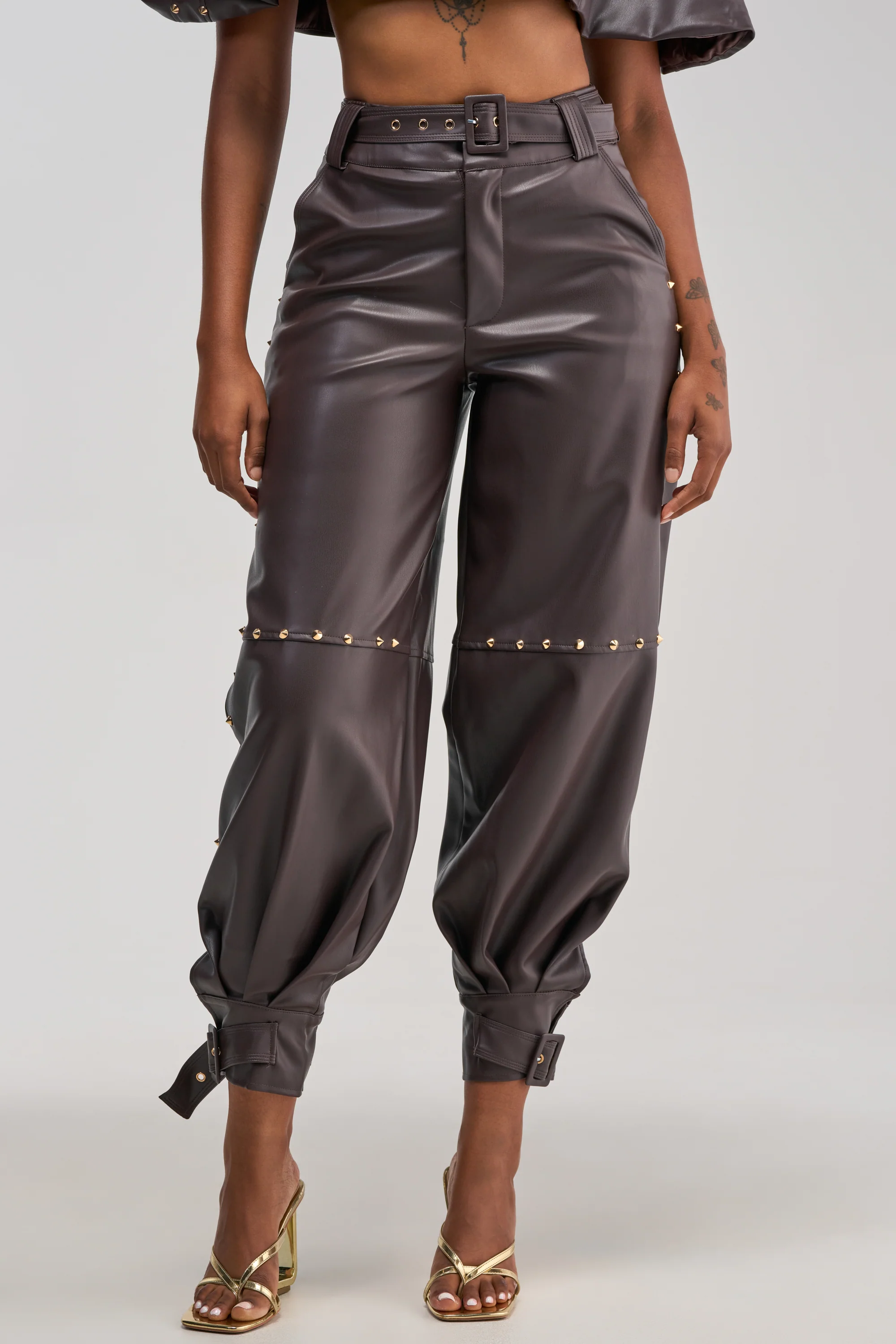 STUDDED FAUX LEATHER BELTED PANT IN DARK CHOCOLATE - Akira Store