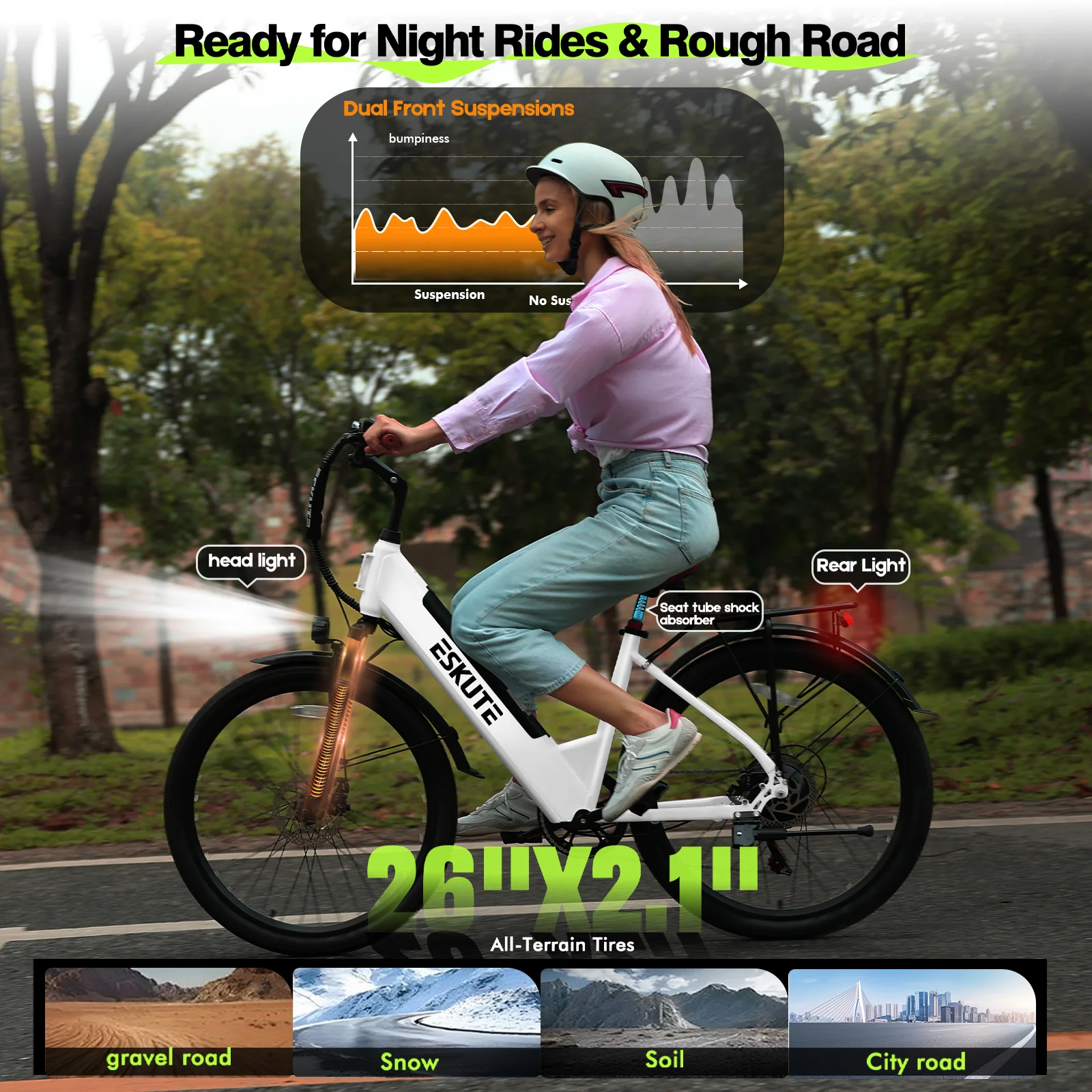 White Electric Bike for Adults Peak 1500W Brushless Motor, 19MPH, 500W Motor 48V14Ah Removable Battery, 26" Step-Thru Cityrun Ebike, 7-Speed, Up 70 Miles, Commuter E-Bike, with NFC Unlock - Image 4