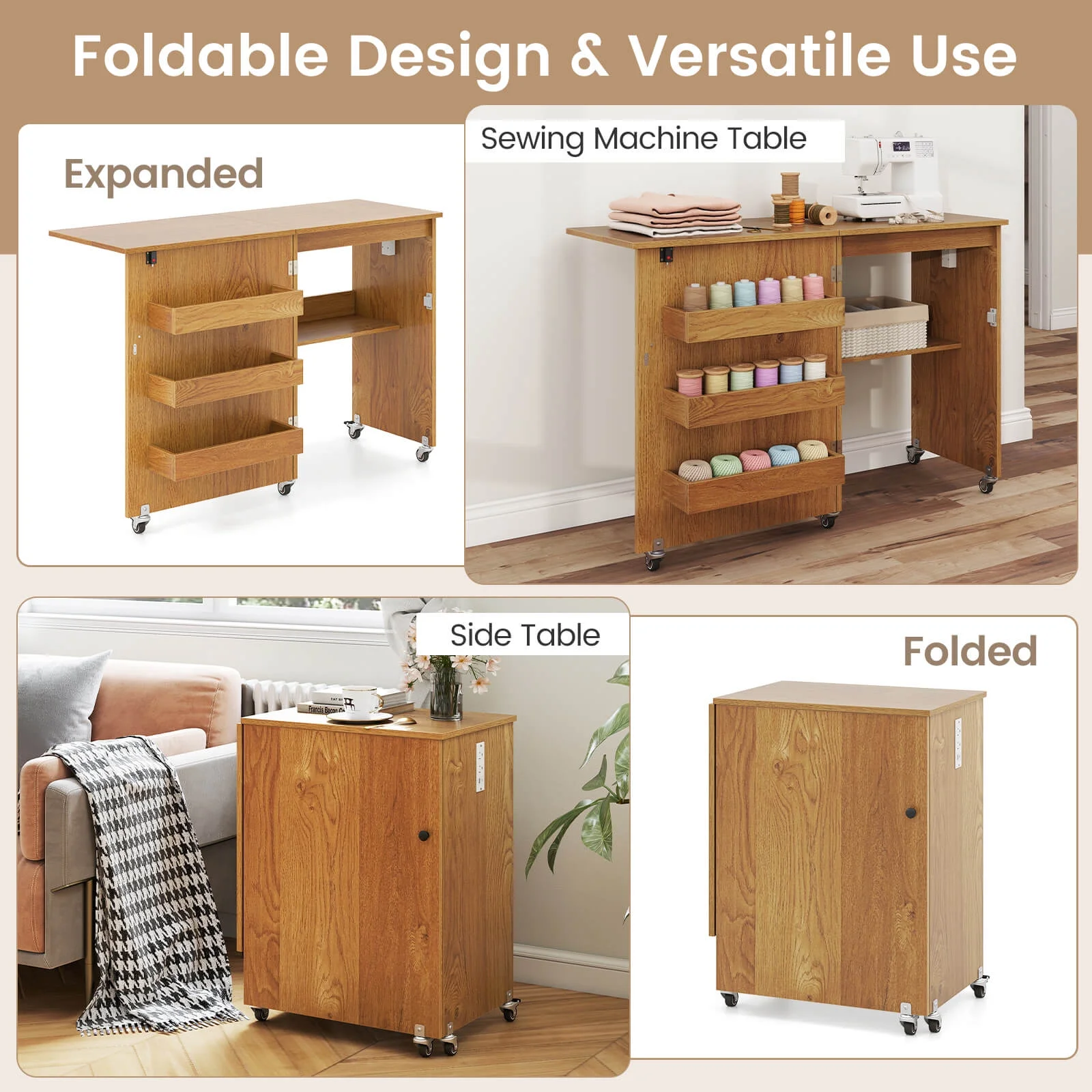 Folding Sewing Table Rolling Craft Station with 3 Storage Bins Charging Station Natural(Natural) - Image 8