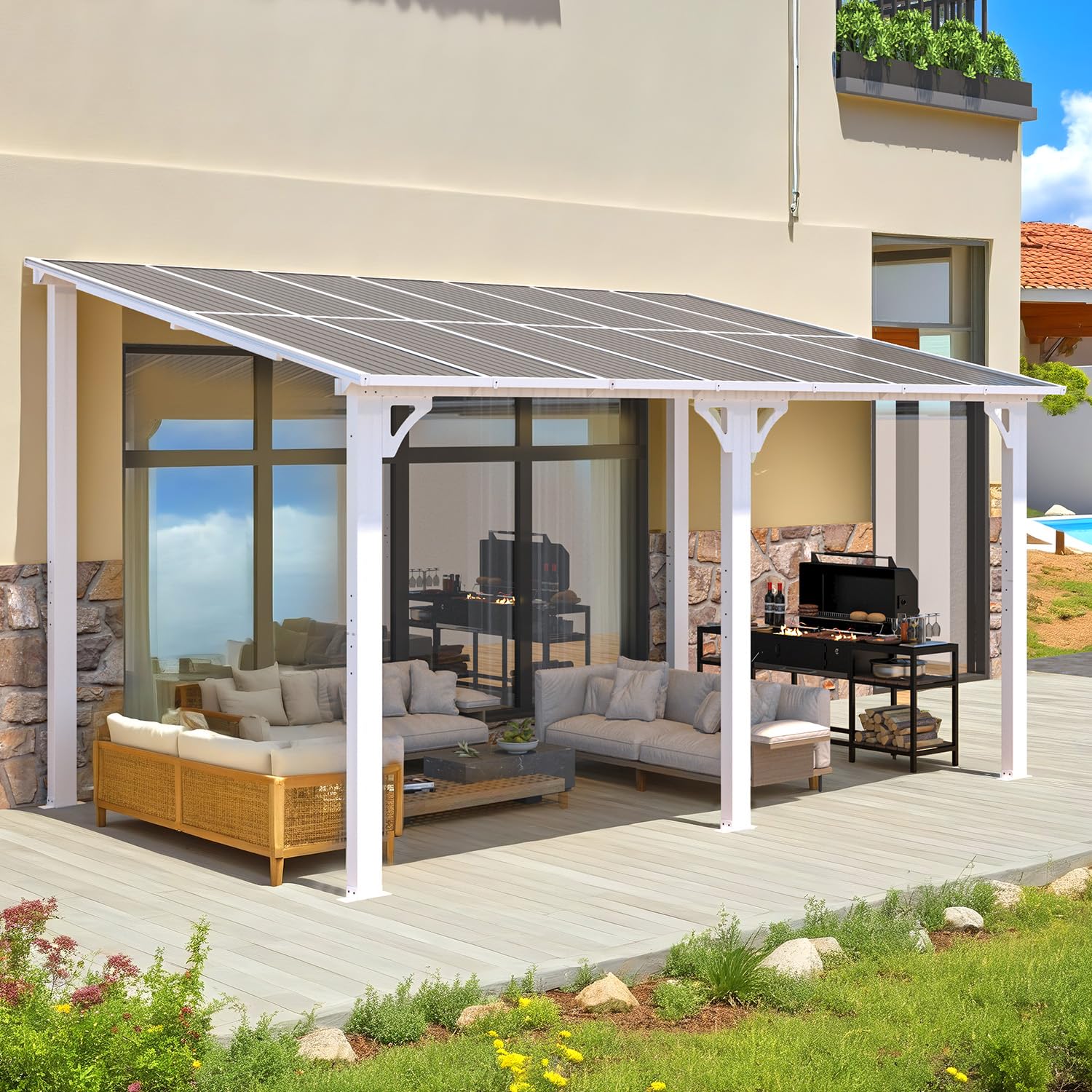 AECOJOY 14'x8' Wall Mounted Gazebos Pergola, White