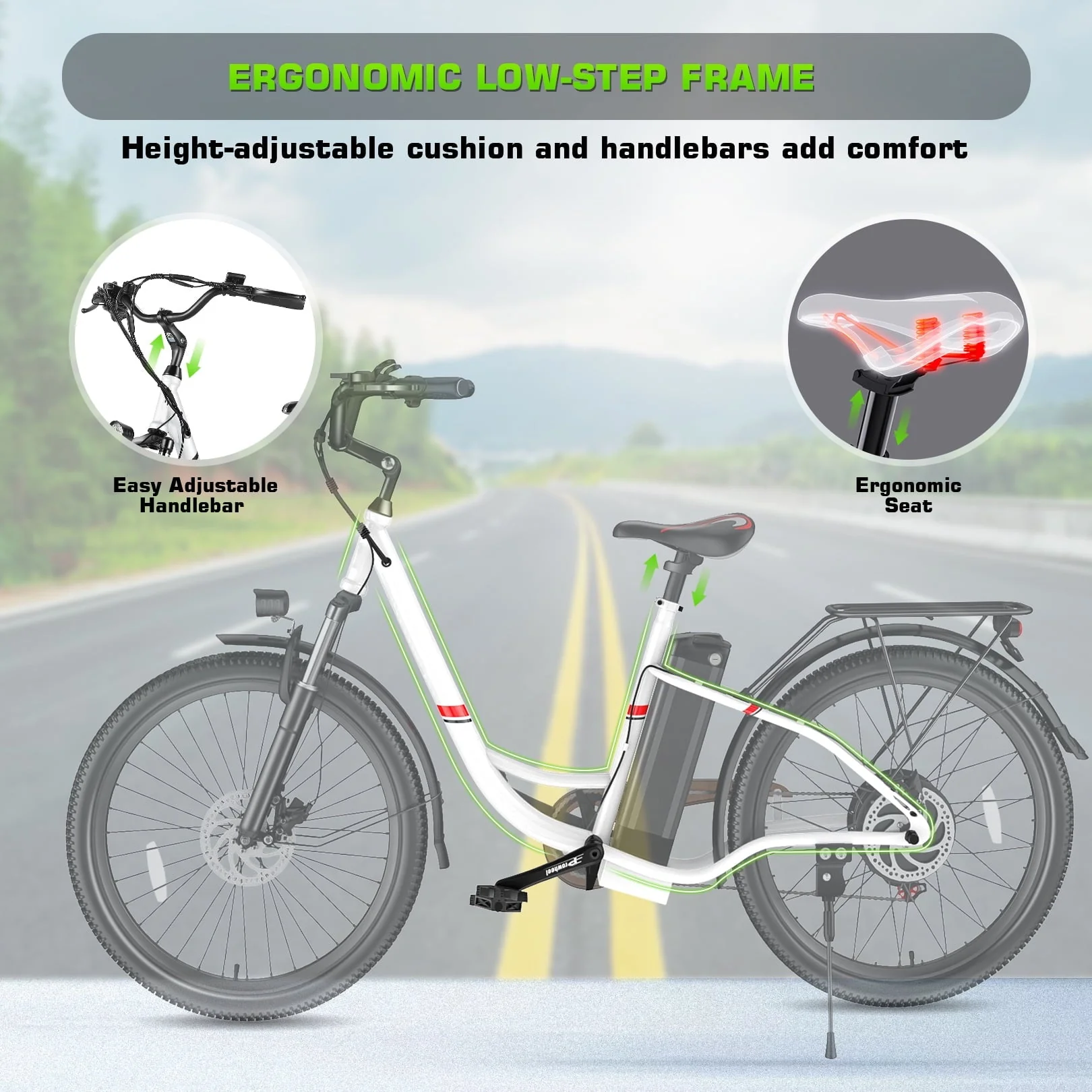 26" 500W Electric Bike for Adults, 48V 7.8Ah Removable Battery City Ebike Adult, Cruise Control Mode, Low-Step Thru Hybrid Electric Cruiser Bicycle, 7 Speed Commuter E-Bikes for Women - Image 7