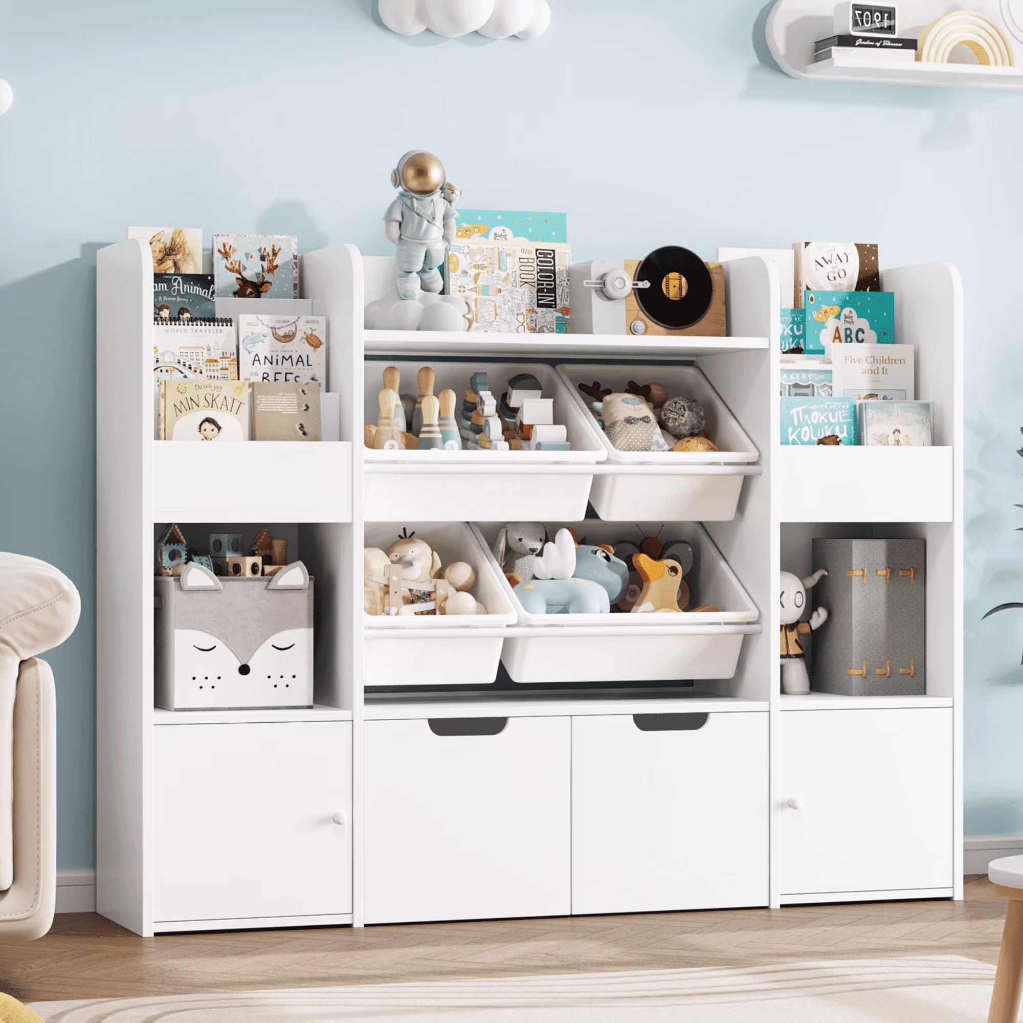 Kids Bookcase Toy Storage Organizer, Wooden Toy Organizer of 4 Bins 2 Removable Drawers for Home Bedroom, Kids Bookshelf Toy Box with Book Rack, White(White)