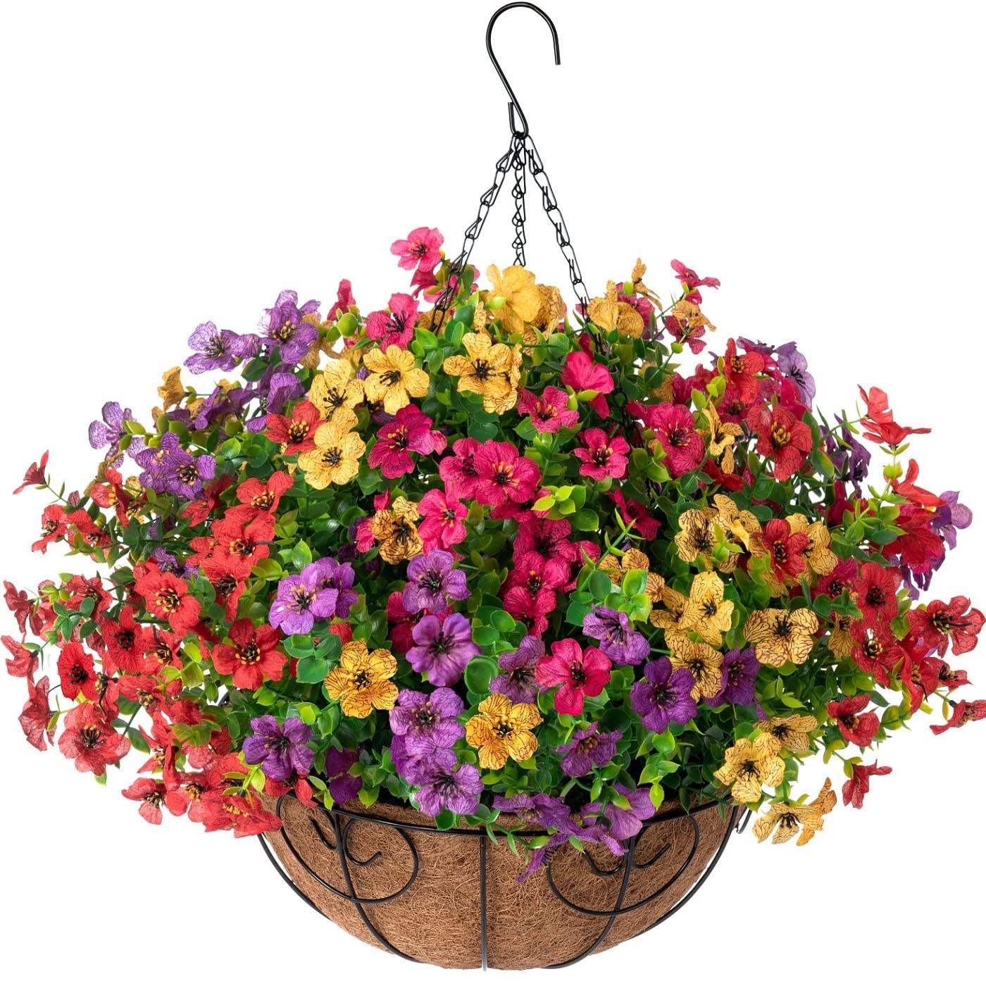 HyeFlora Artificial Faux Hanging Plants Flowers Basket for Spring Outdoor Outside Porch Decoration, Fake Silk Colorful Daisy Eucalyptus in Planter