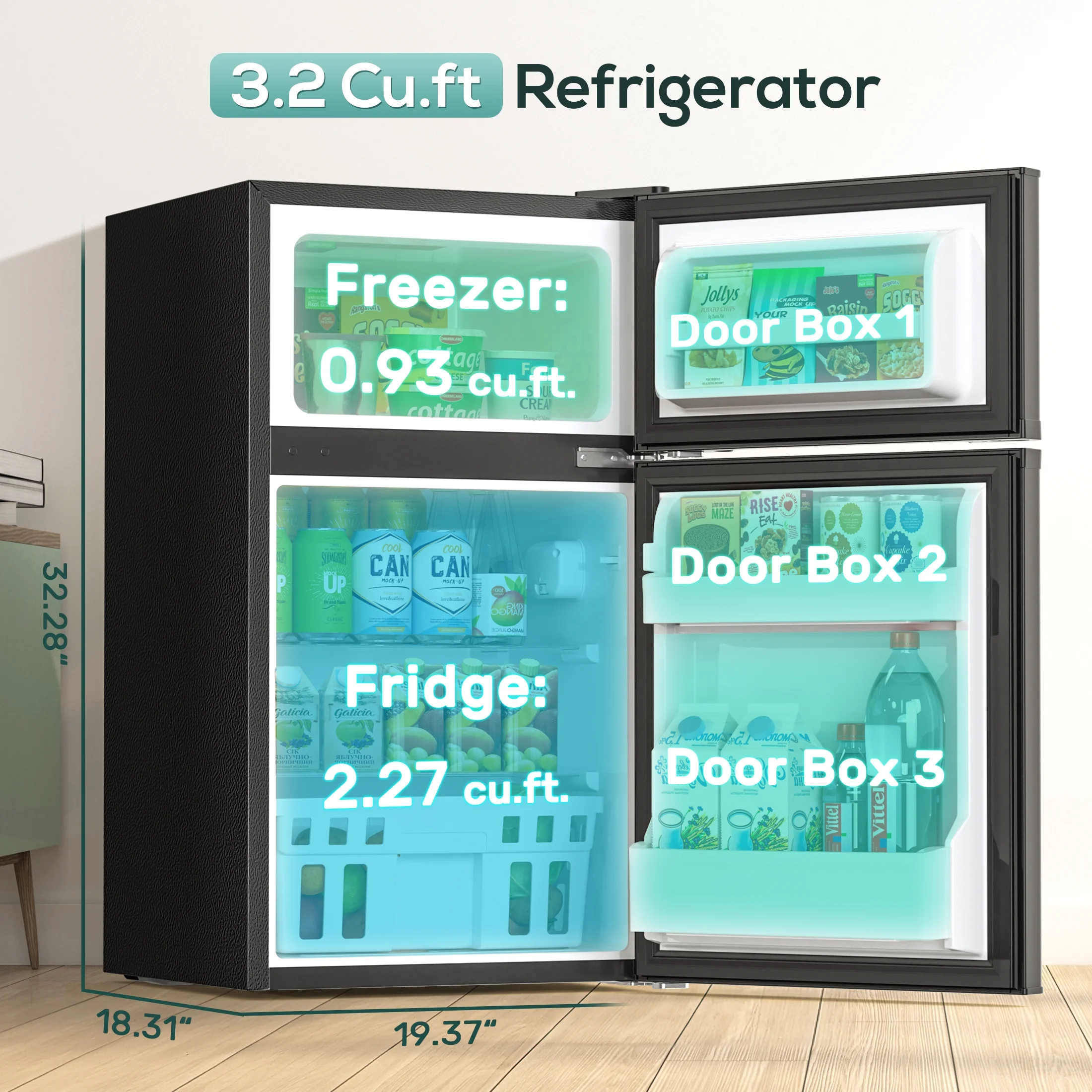 3.2 Cu.Ft Two-Door Compact Refrigerator, Stainless Steel Door, Black(Black) - Image 7