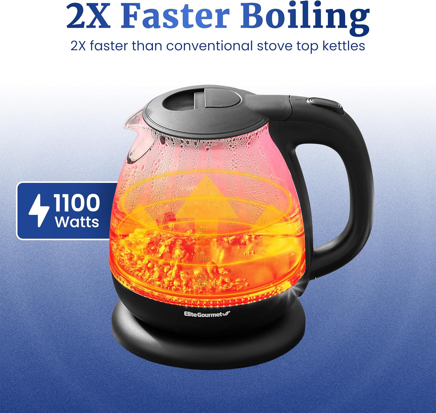Elite Gourmet EKT1001 1.0L Glass Kettle, 1100W, Cordless Base, Black| BPA-Free Glass, Blue LED Interior, 360° Base, Auto Shut-Off Function, Quickly Boils Water for Tea & More