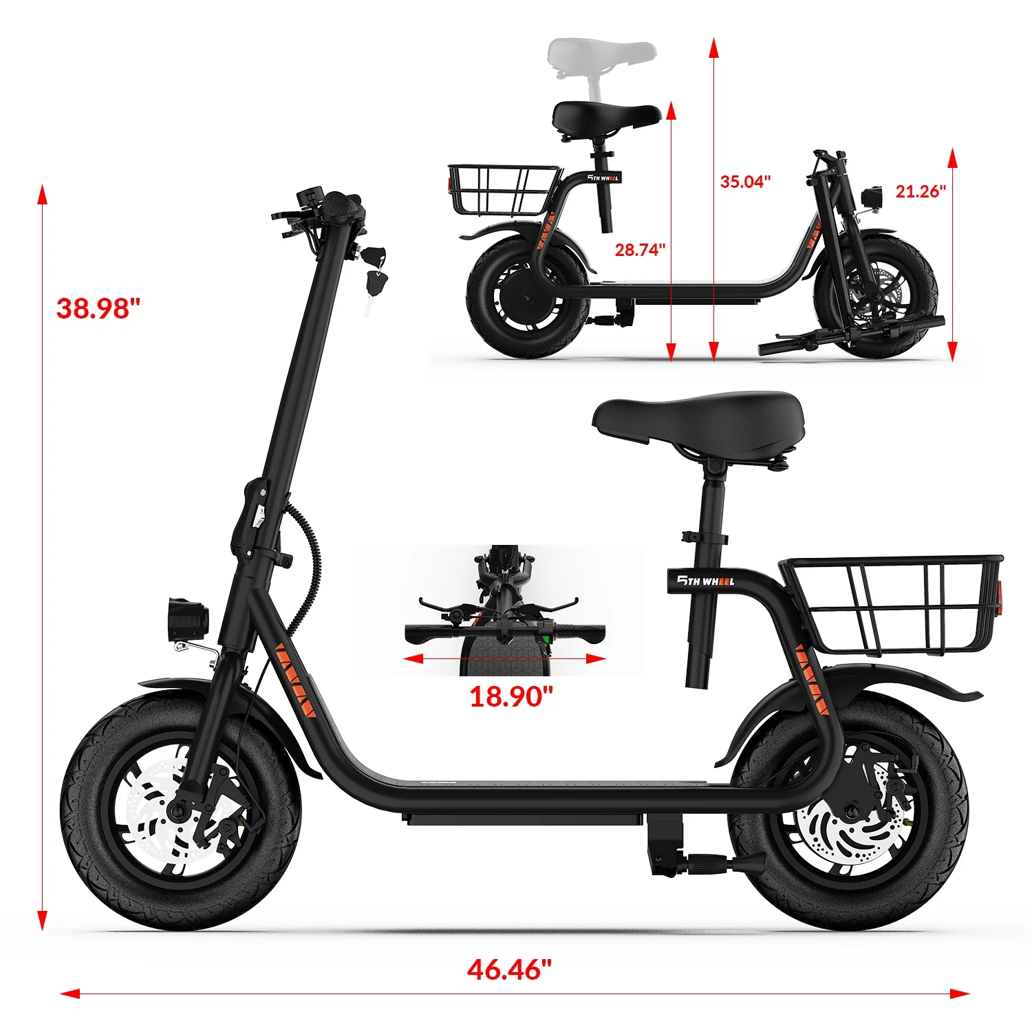 W18S 450W Motor Electric Scooter for Adults with Seat and Carry Basket, 36V 20Miles Range 15.5Mph, 12" Foldable E Scooter for Commuting - Image 9