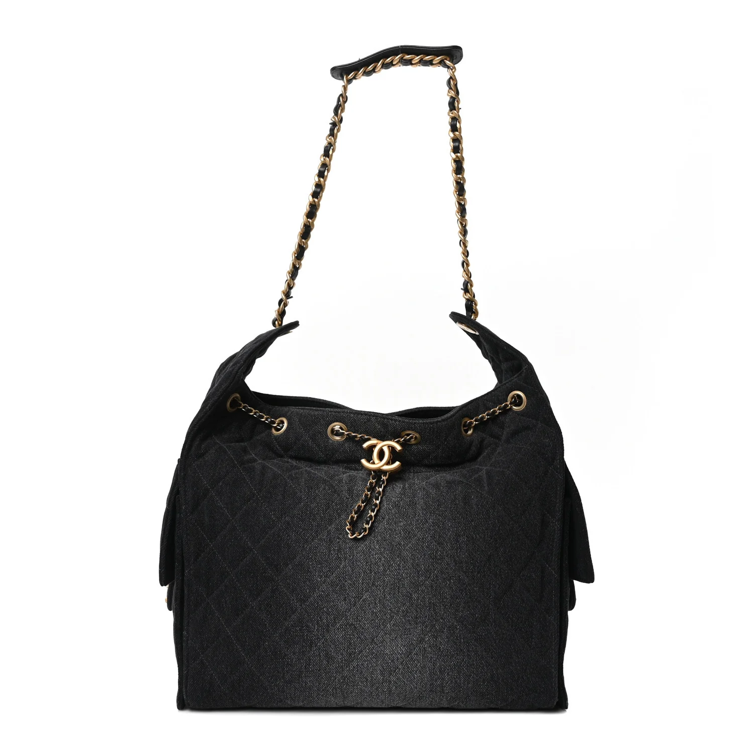Washed Denim Quilted Medium Chanel 25 Handbag Black