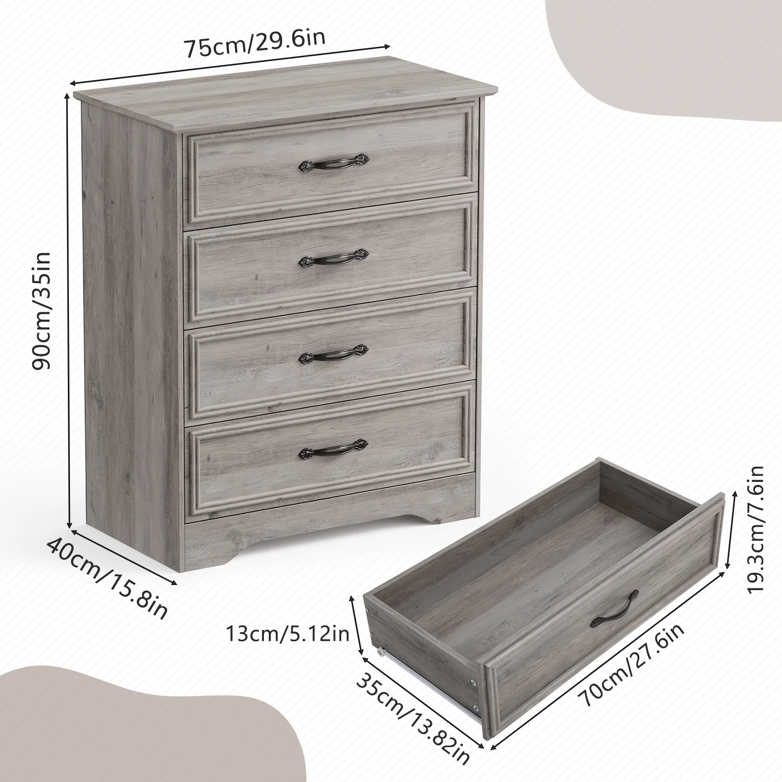 4 Drawer Dressers for Bedroom, Modern Wood Chest of Drawers Storage Cabinet for Living Room, Hallway, Gray(Gray) - Image 3