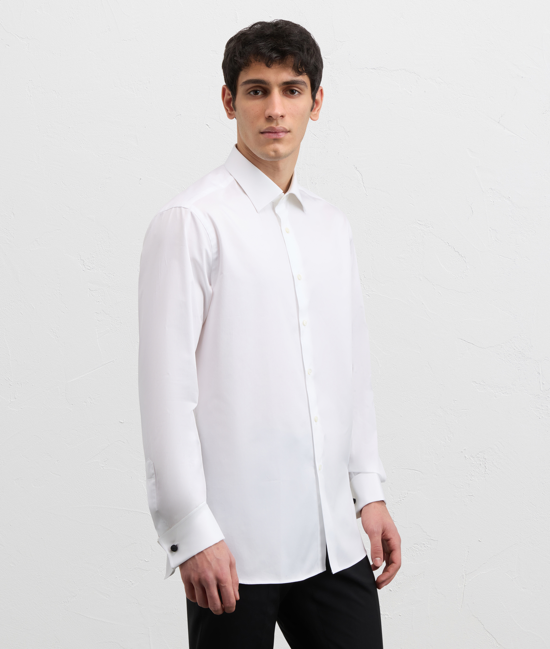 WHITE COTTON TWILL MILANOESE COLLAR SHIRT WITH DOUBLE CUFF