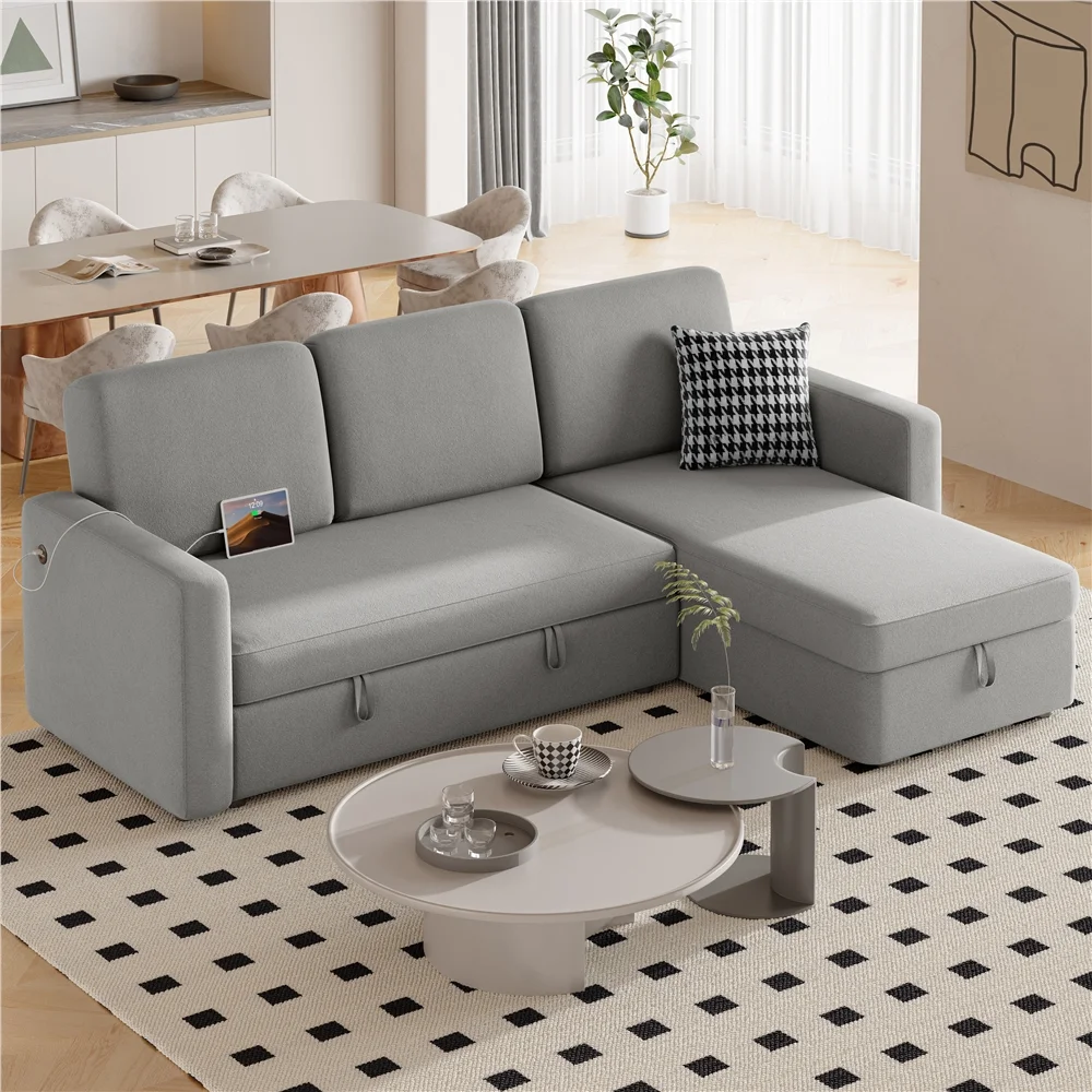 Reversible Sectional Sofa with USB Type-C Ports for Livingroom, Light Gray(Light Gray) - Image 6