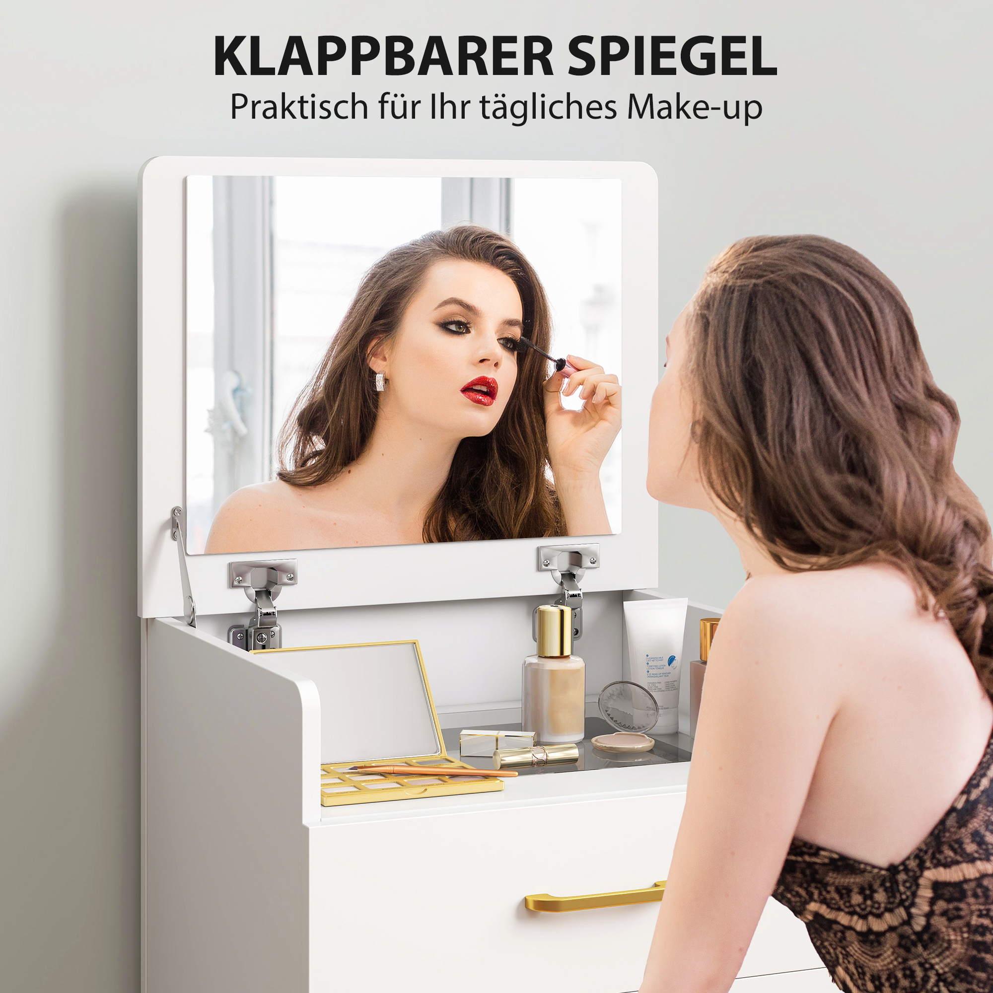 HOMCOM 3-in-1 Make-uptafel met Spiegel, Nachtkastje, Rollende Kruk, Lades, Wit