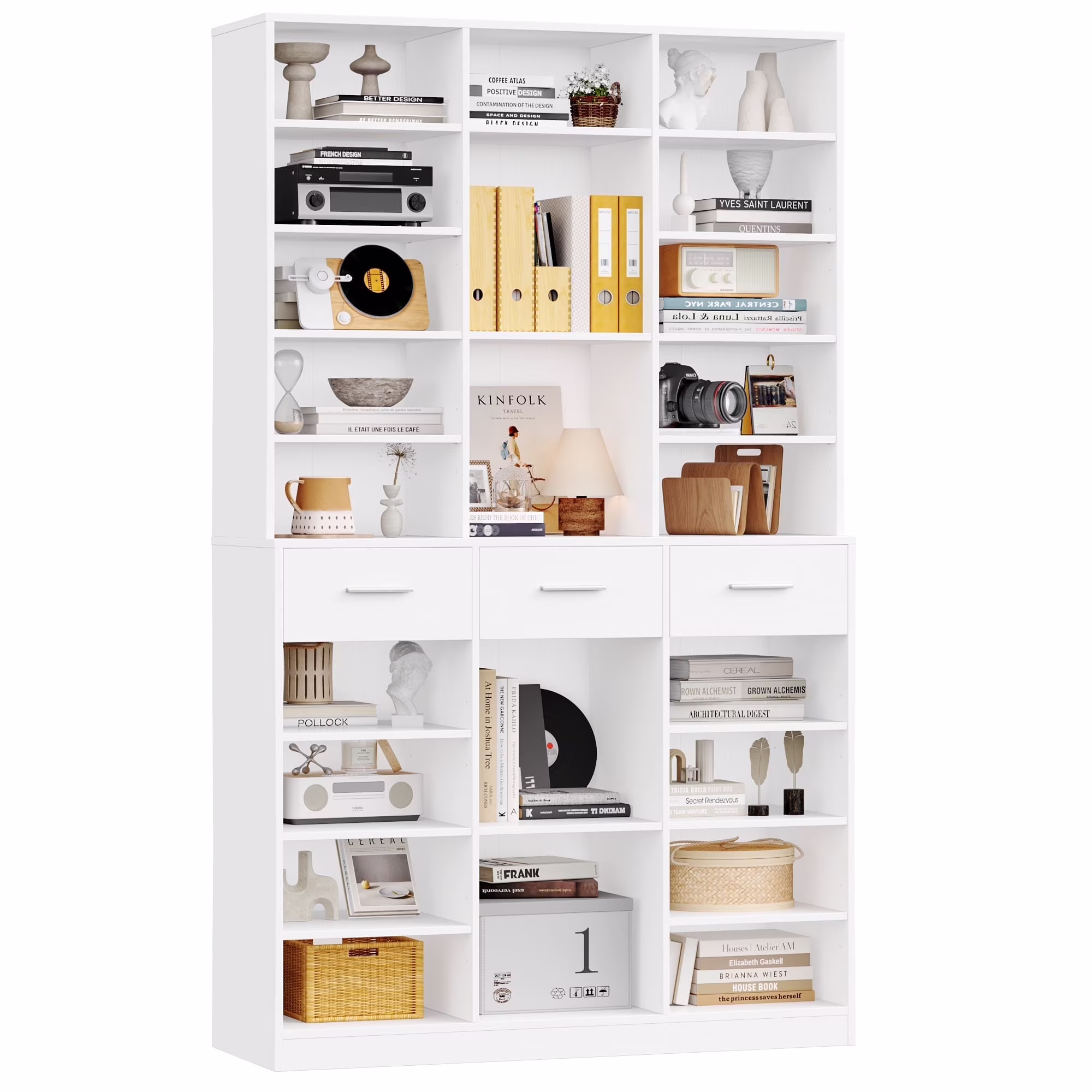 75-Inch Bookshelf and Bookcase with 3 Drawers, Wooden Storage Book Shelf with Adjustable Shelves For Living Room, Home Office, White(White)