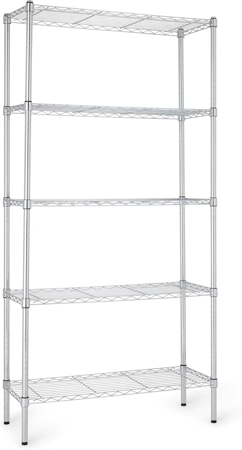 Amazon Basics 5-Shelf Adjustable Heavy Duty Steel Wire Rack, Space Saving Storage Shelving Organizer for Kitchen, Garage, No-Tool Assembly, 350 lbs Weight Capacity, 36