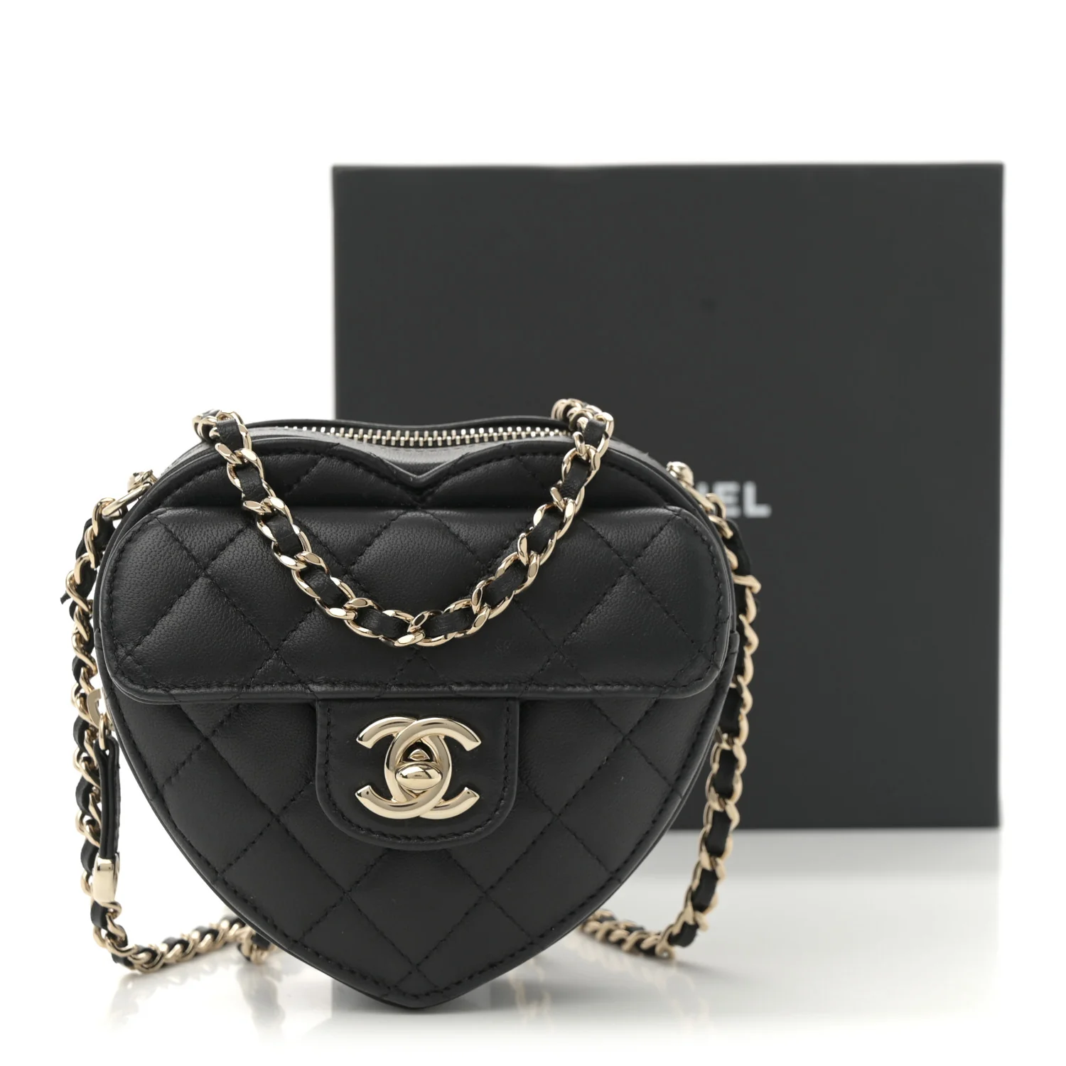 Lambskin Quilted CC In Love Heart Clutch With Chain  Black