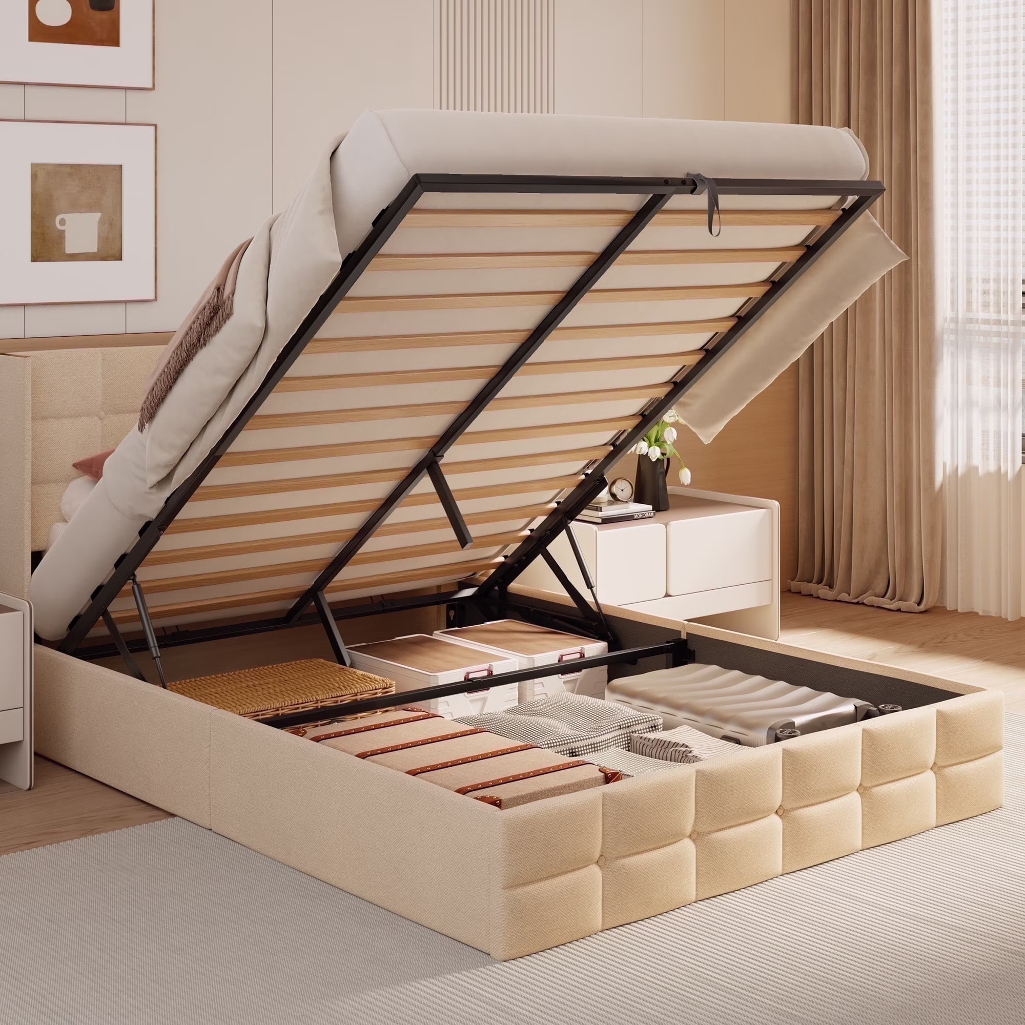 Asofer Queen Storage Bed Frame with Hydraulic Lift, Upholstered Headboard & Wood Slats, Beige