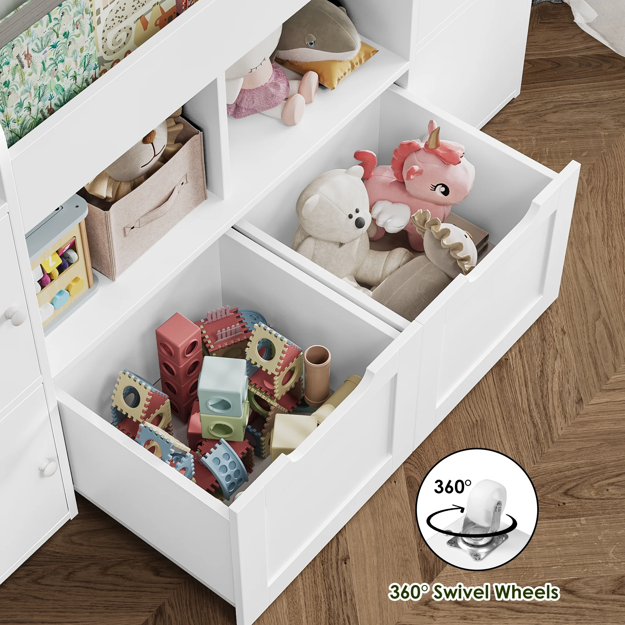 4 Doors Kids Bookcase with 3 Tier Book Racks 2 Mobile Drawers, 4 Cube Bookshelves Toy Storage Organizer for Playroom Kids Room, White(White) - Image 9