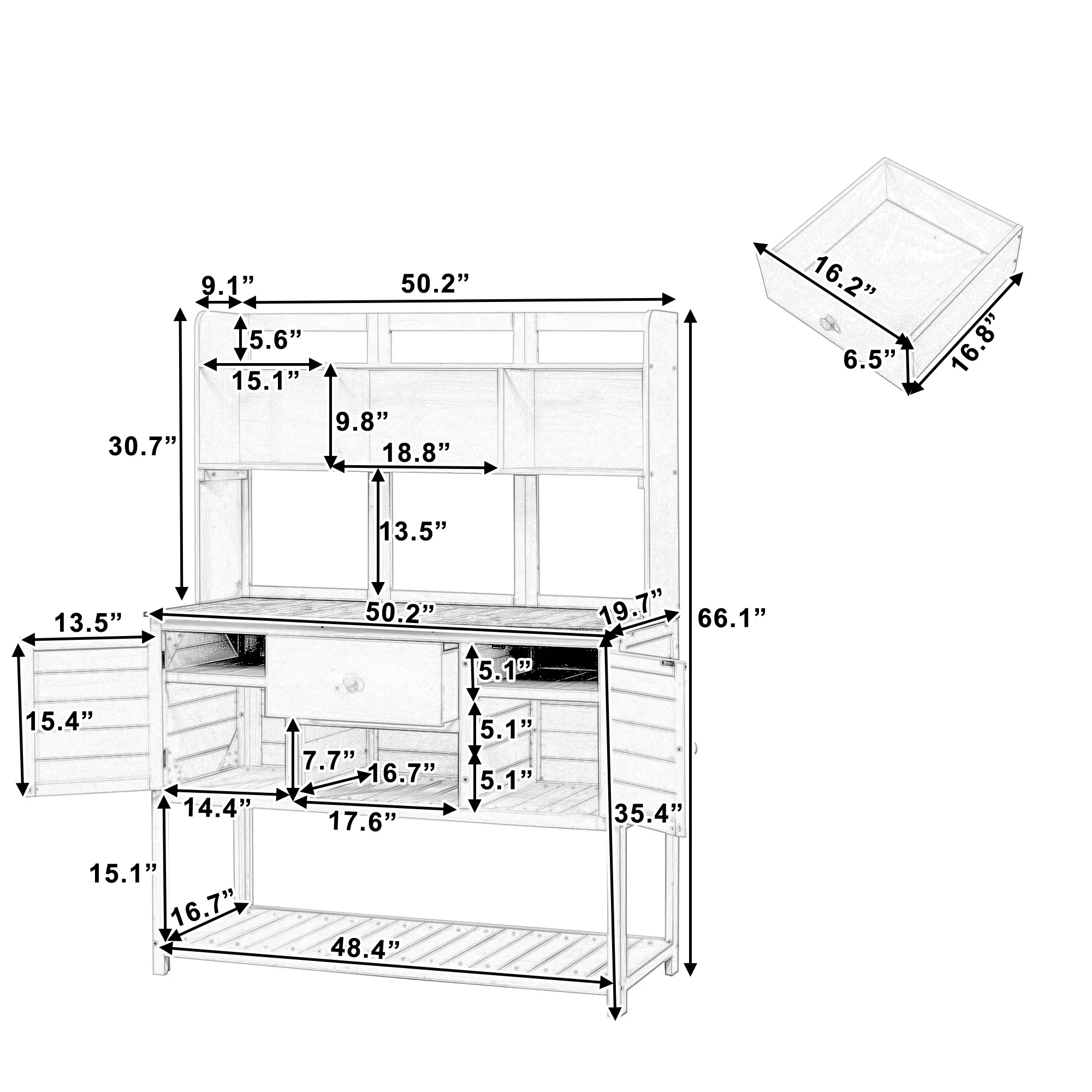 Harper & Bright Designs Wood Potting Bench with Hutch Outdoors, Garden Workstation with Table & Drawer for Garden, Outdoor Planting Table with Adjustable Shelves and Cabinet, White