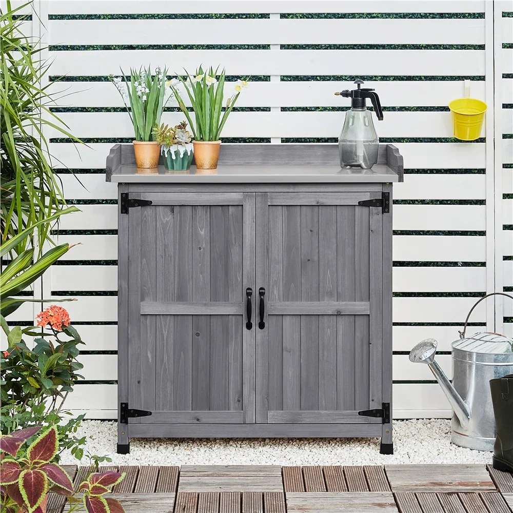 Renwick Garden Potting Bench Table with Cabinet, Brown