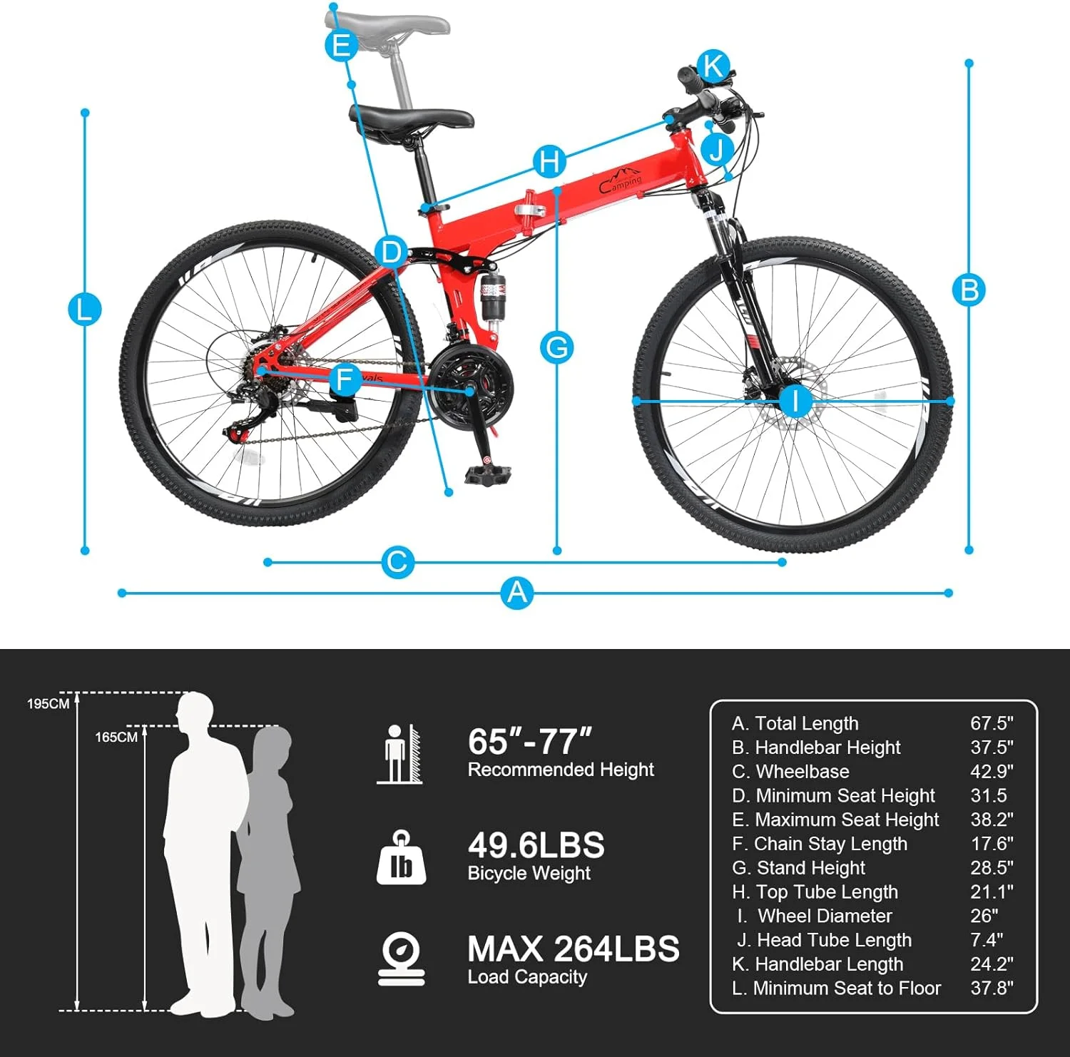 26 Inch Folding Mountain Bike Under 250$ Men Mountain Bike 21 Speed,High Carbon Steel,Disc Brake Folding Bikes for Adults/Men/Women Red(Red) - Image 3