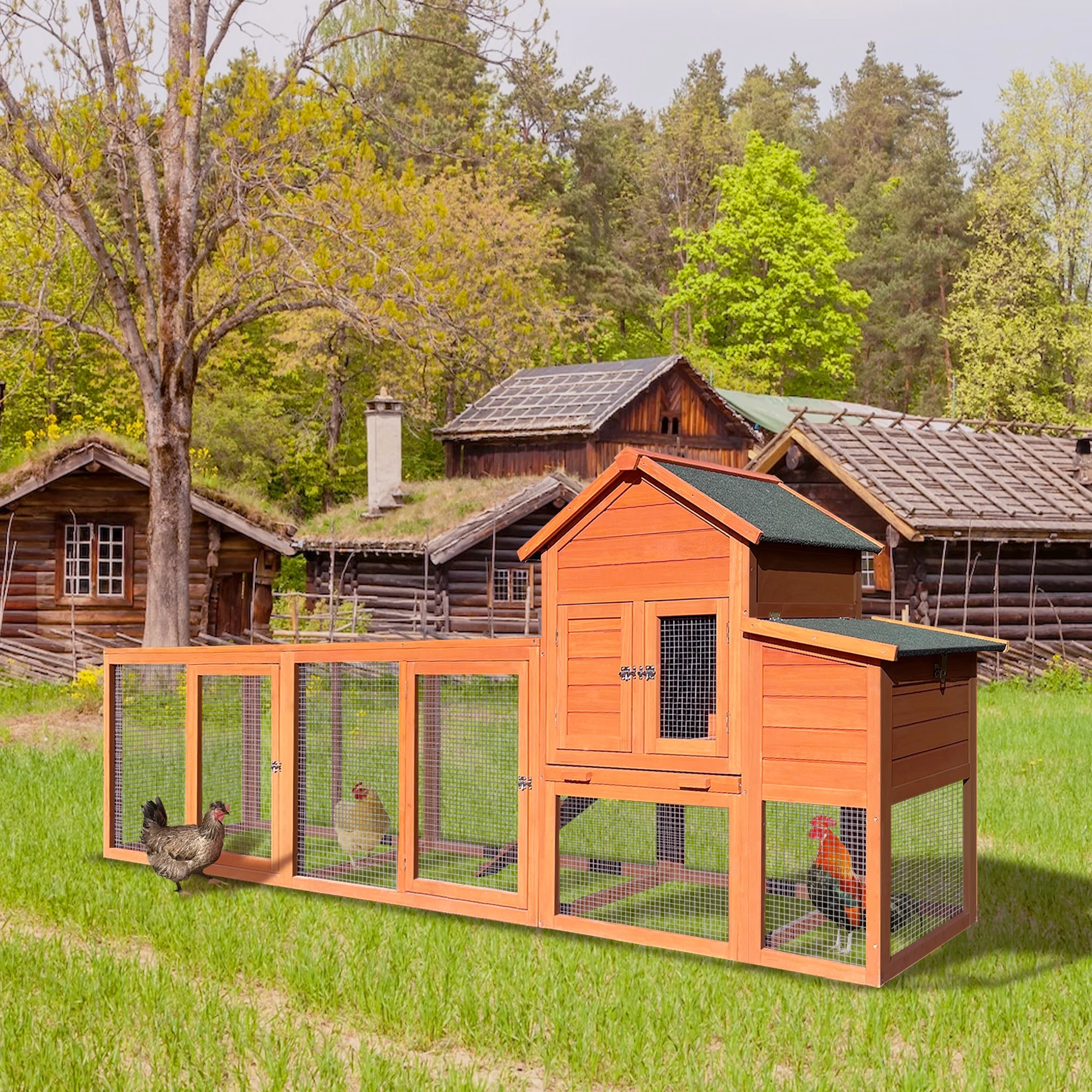112" Large Rabbit Hutch Outdoor Wood Chicken Coop, Hen House with Nest Box, Wire Fence Poultry Cage, Orange(Orange) - Image 2