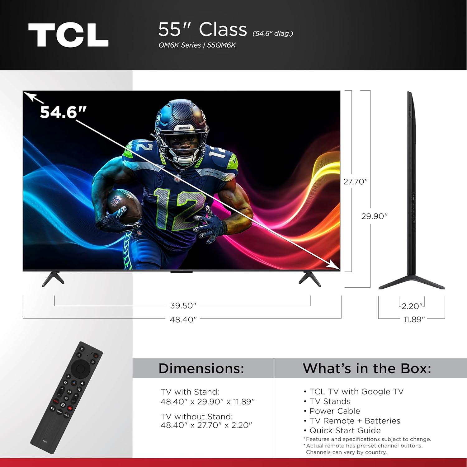 TCL 55 Inch Class QM6K Series | Mini LED QLED 4K HDR | 55QM6K  2025 Model | 120HZ-144HZ High Brightness Smart Google TV Dolby Atmos Onkyo Audio | Voice Remote Alexa Gaming Streaming Television