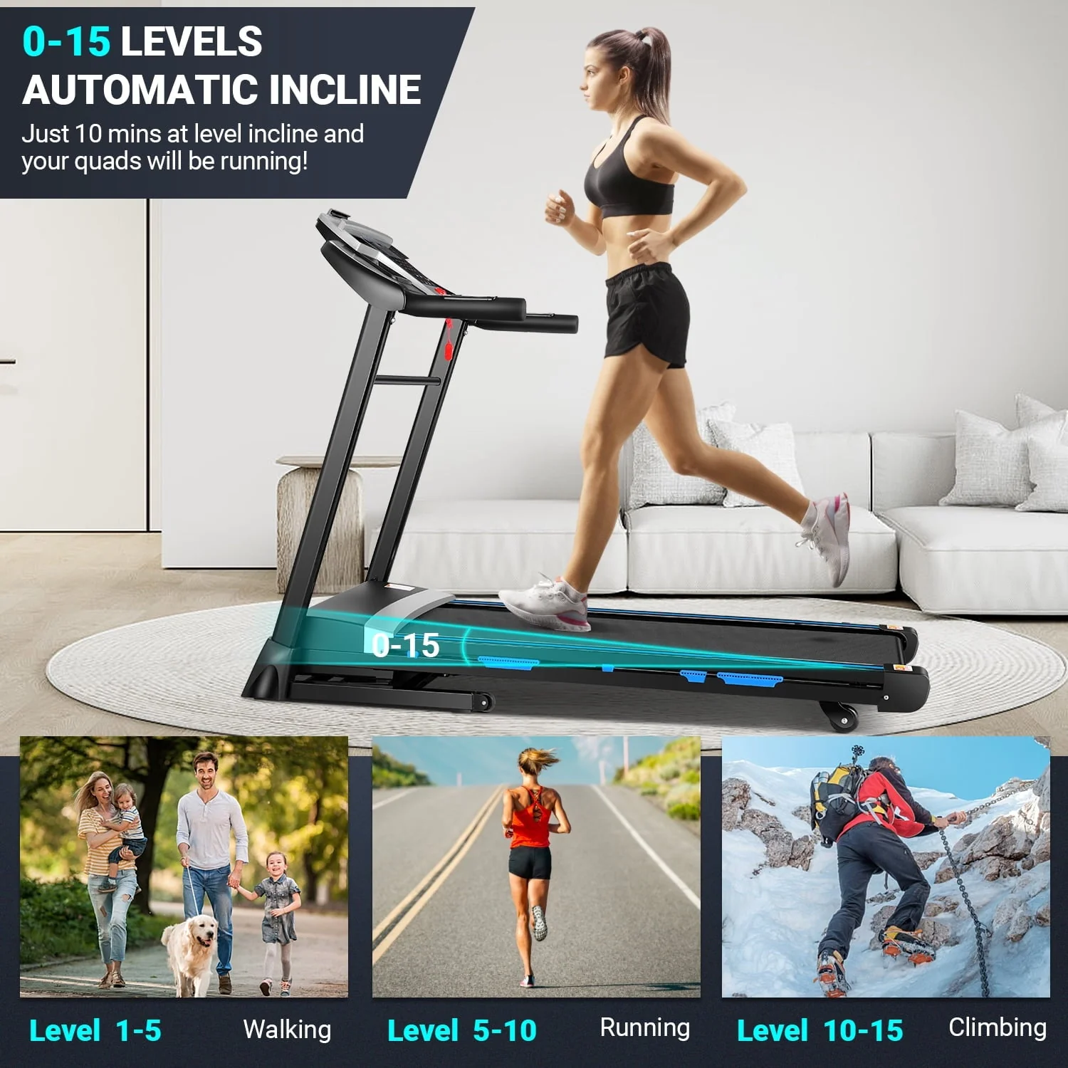 Folding Treadmill with 15% Auto Incline 9 0 mph Speed 12 Preset Program, Strong 3 25HP Motor Running Machine for Cardio Fitness, Black 300lbs Image 4