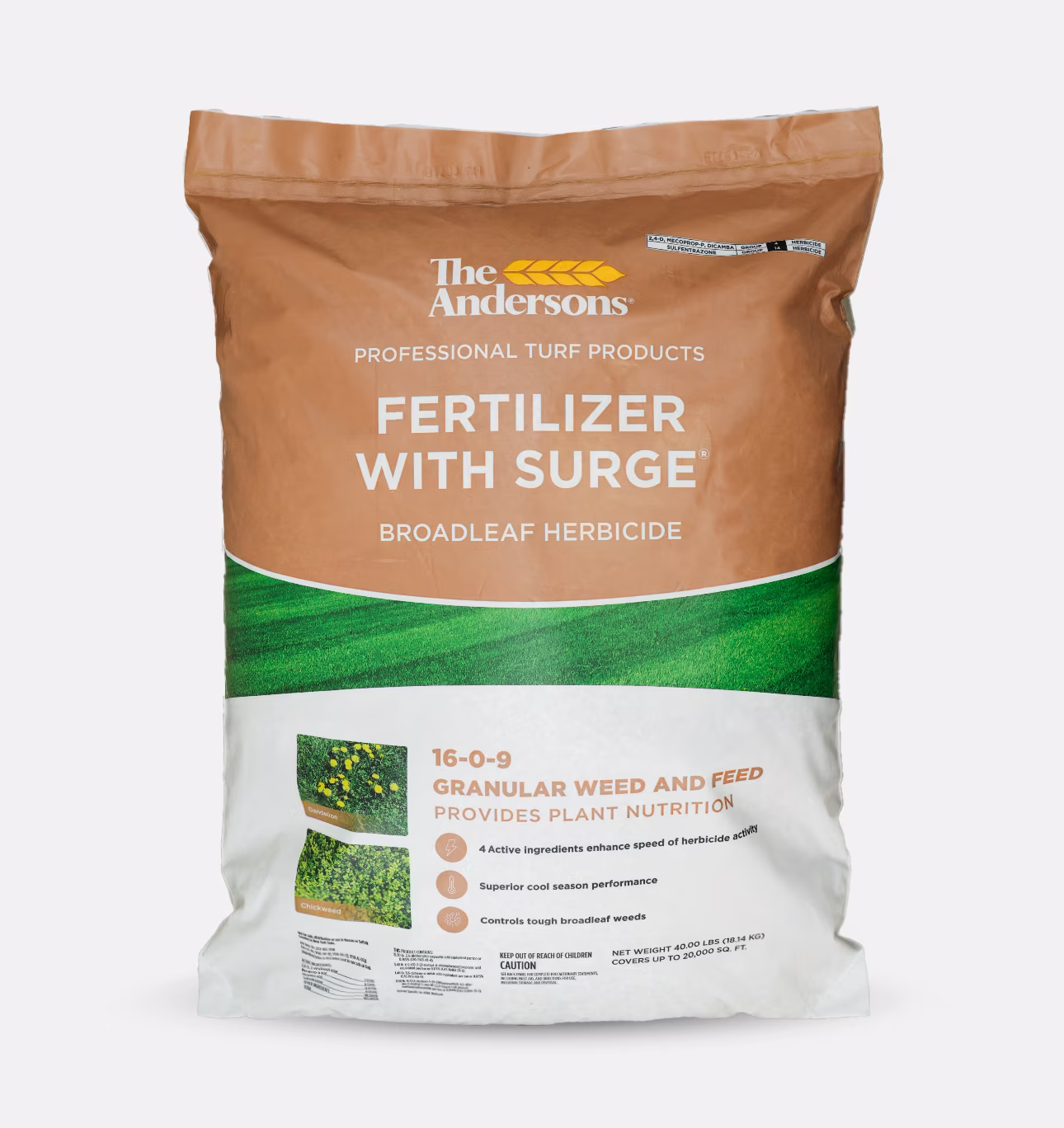 The Andersons Professional Surge Weed and Feed 16 - 0 - 9 Post - Emergent Weed Control and Fertilizer - Covers up to 20, 000 Sq Ft (40 lb)