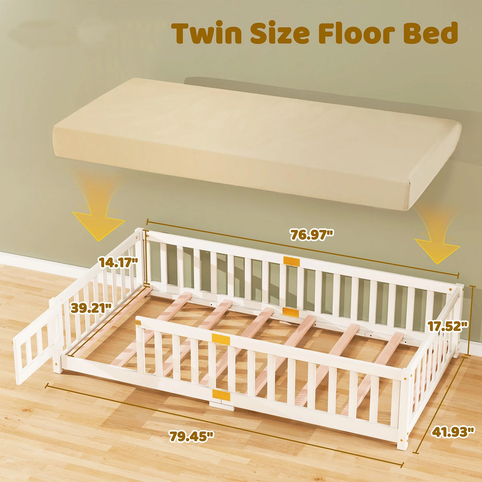 Twin Size Toddler Floor Bed, Solid Wood Montessori Bed Frame with Fence Door Montessori Floor Bed Crib with Safety Guardrails for Girls and Boys(White Twin) - Image 9