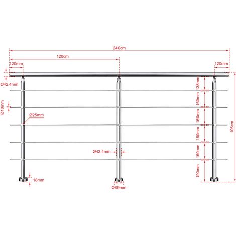 Aica Sanitaire – Garde-corps inox 240cm argenté – 1 main courante Ø42.4mm – 5 traverses Ø10mm – Angle réglable 0-40° – Kit complet pour intérieur et extérieur
