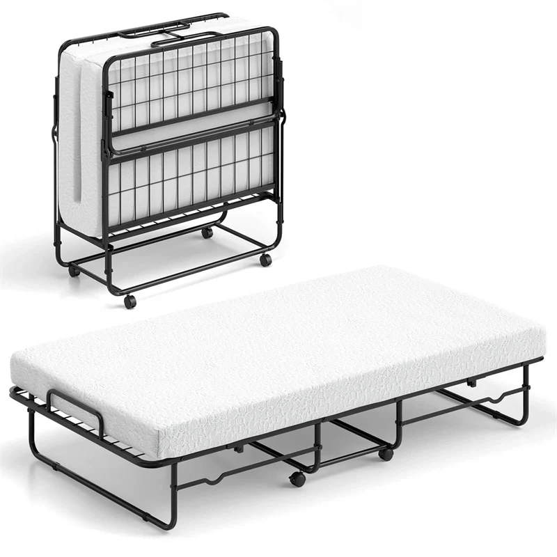 Twin Size Folding Bed with Memory Foam Mattress, Rollaway Guest Bed w/ Heavy-Duty Metal Frame & Lockable Wheels, Portable Space-Saving Bed, 75