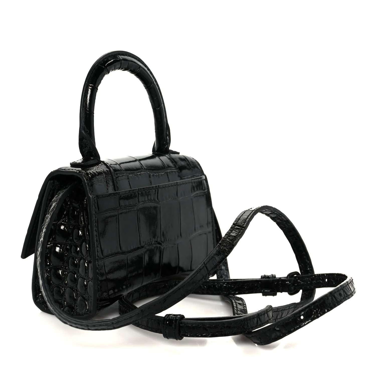 Shiny Calfskin Monochrome Crocodile Embossed Hourglass Top Handle Bag Mini Black