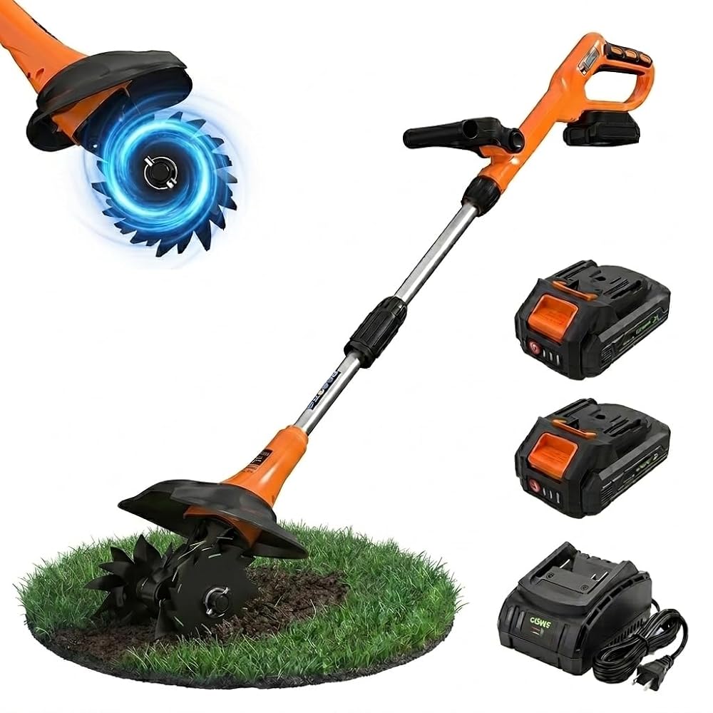 20V Cordless Garden Tiller with 2 x 2.0Ah Batteries & Charger, 9" Tilling Width & 6.3" Depth Electric Garden Rototiller, Portable Lawn Tiller for Garden, Raised Beds, Yard Soil Cultivation