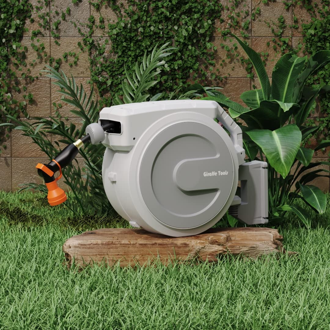 Giraffe Tools Retractable Garden Hose Reel with 1/2in-100ft Water Hose, Plastic Bracket, Wall Mounted, Dark Grey