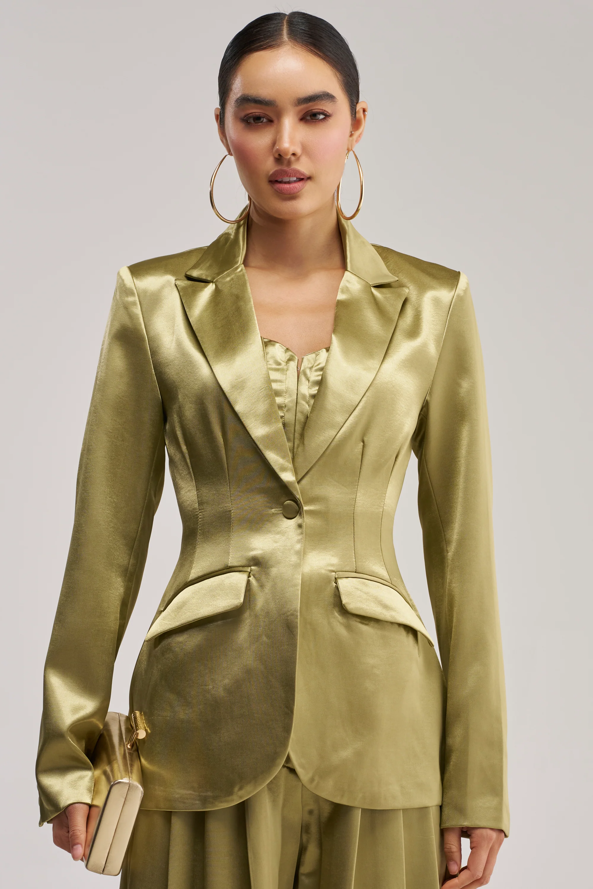 IRIS SATIN BLAZER IN OLIVE - Akira Store