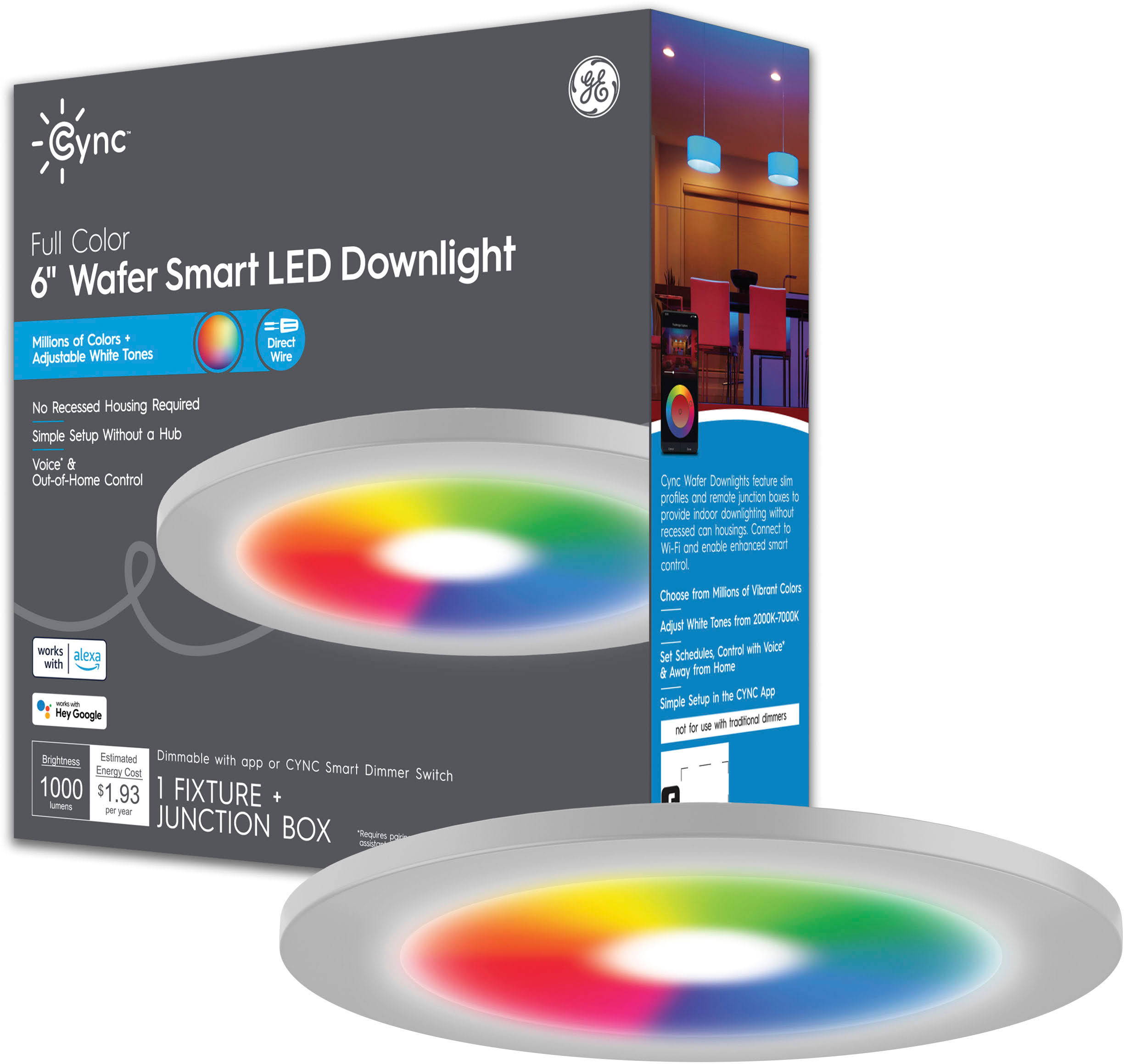 GE Lighting 6 in. 1000 Lumen Round Wafer Shape & Dimmable Cync LED Full Color Canless Smart Downlight - 18W
