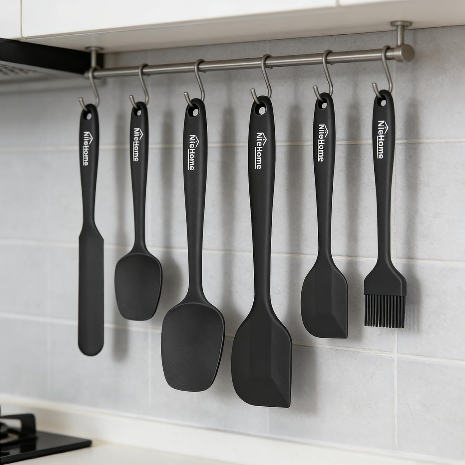NileHome 6 Pieces Silicone Spatula Set with Silicone Brush, Mixing-Black