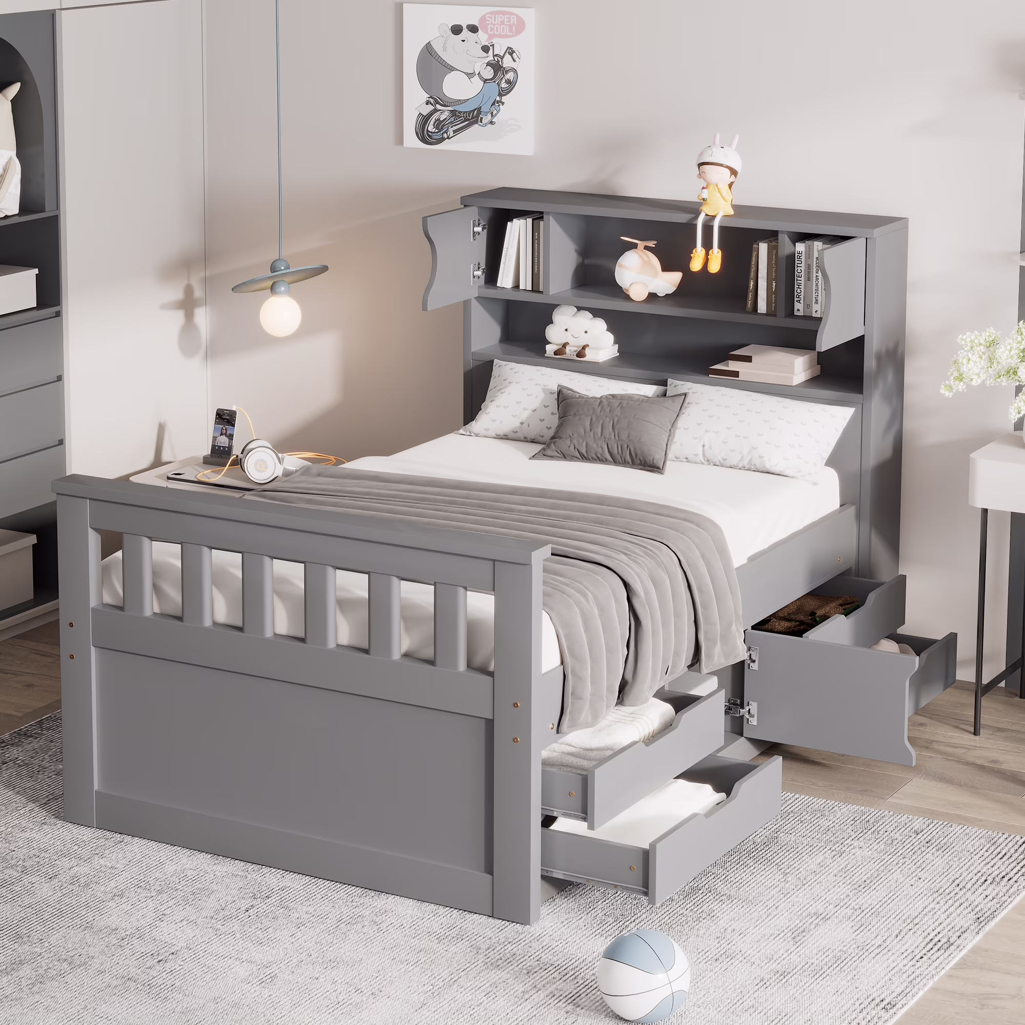 Wood Twin Size Platform Bed with Storage Headboard, Captain Bed with 4 Drawers, Bookcase and Cabinets, Gray(Gray)