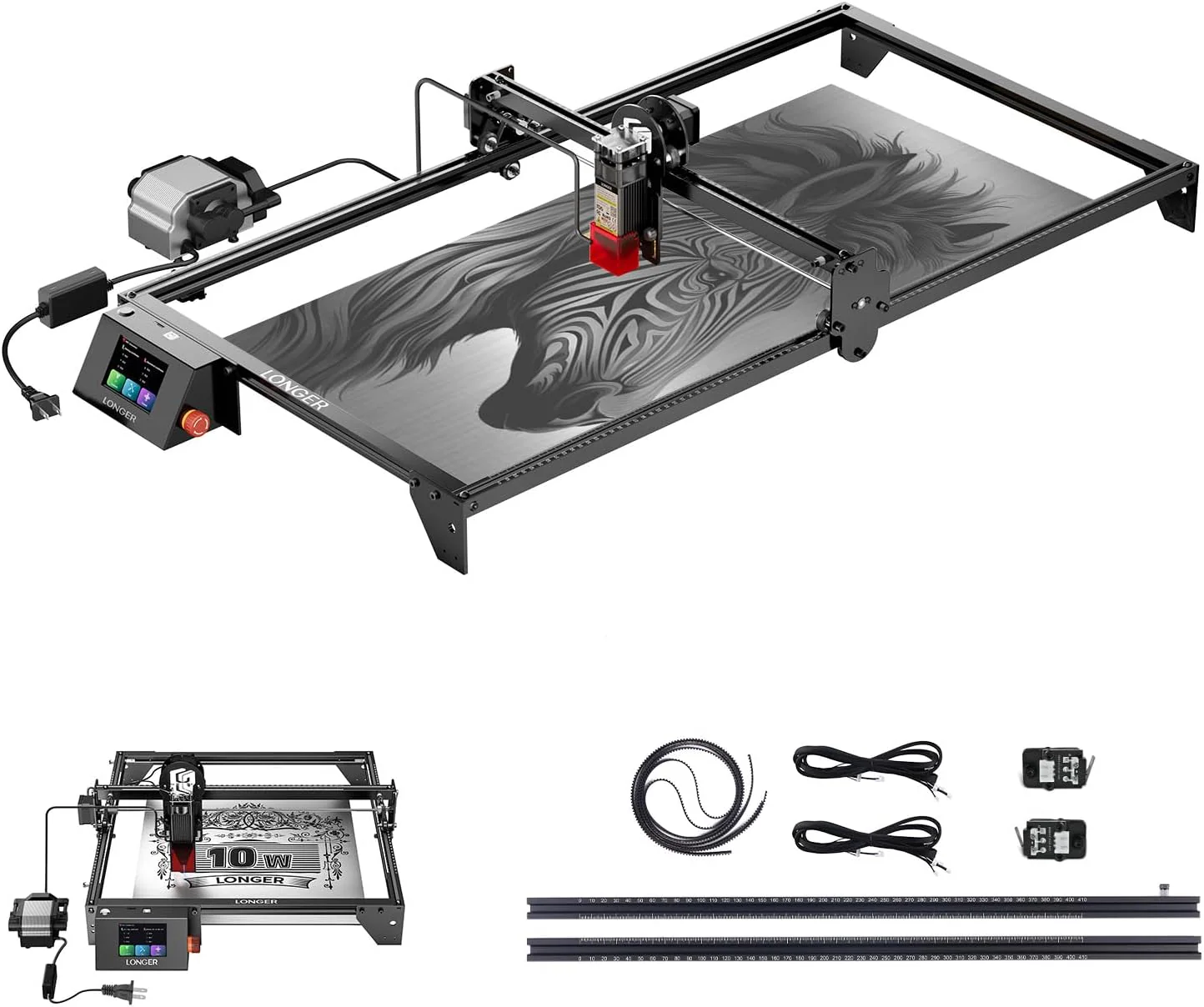 Graveur laser Longer RAY5 10W avec pompe à air, kit de fin de course et kit d'extension d'axe Y, zone de travail étendue à 85 x 40 cm, écran tactile couleur 8,9 cm, outil de gravure DIY pour métal, verre et bois