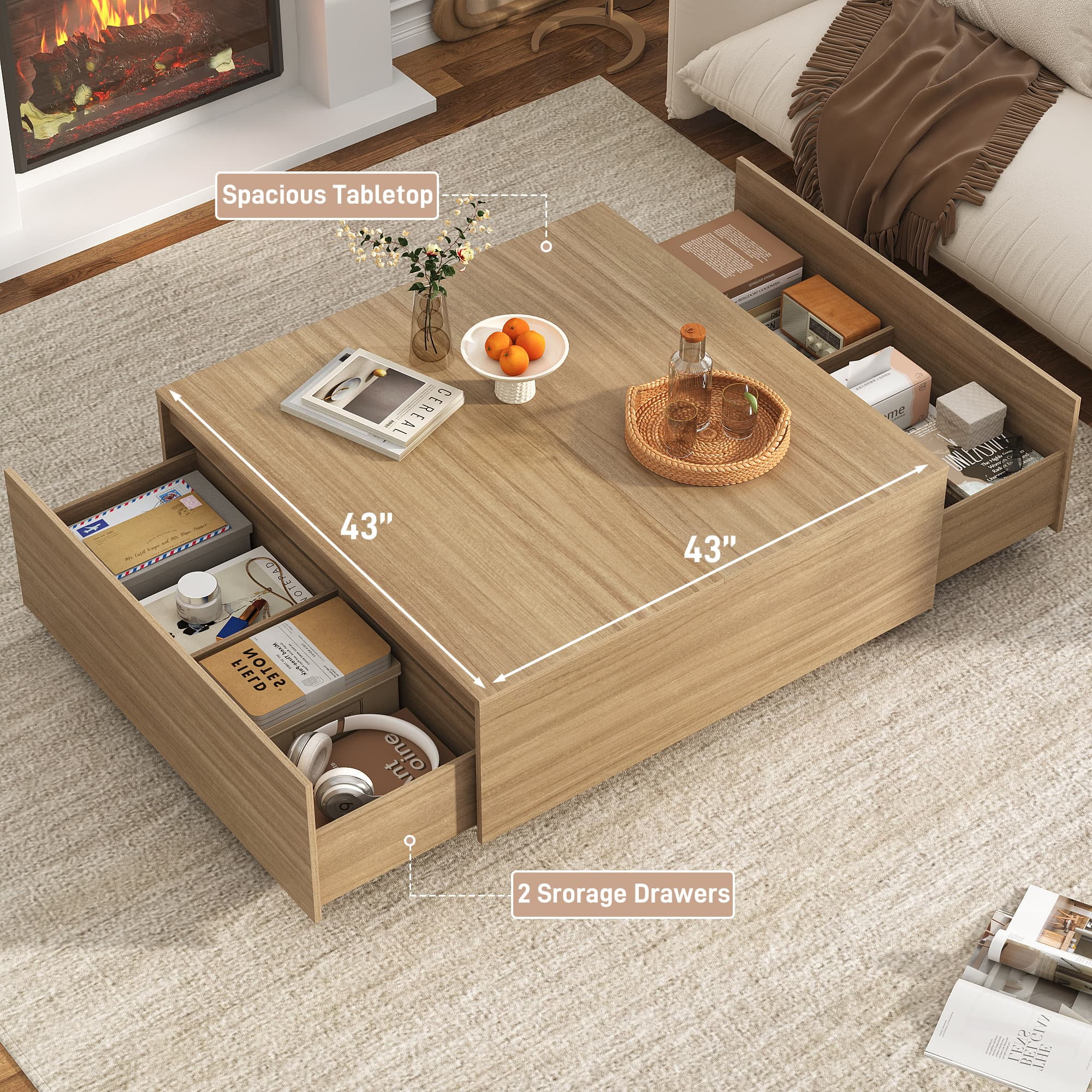 Square Coffee Table with 2 Large Drawers, 43" Mid Century Modern Coffee Table with Storage, Wood Cocktail Table Center Table with Storage for Living Room, Wood Grain(43"/Light Brown) - Image 2
