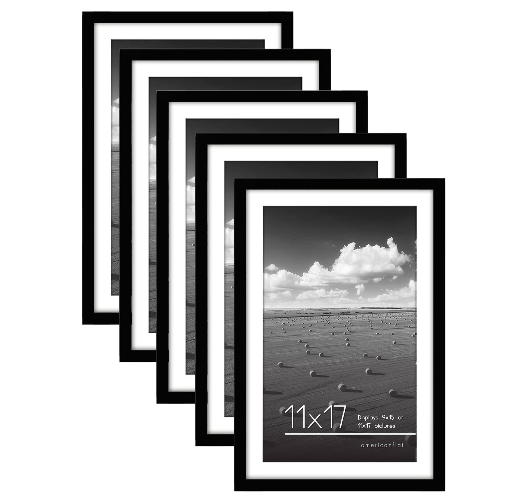 Americanflat Picture Frame in Black - Set of 5 Frames - 9x15 with Mat and 11x17 Without Mat - with Plexiglass Cover, Sawtooth Ha