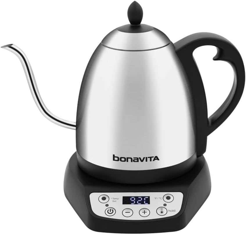 Bonavita 1L Digital Variable Temperature Gooseneck Electric Kettle for Coffee Brew and Tea Precise Pour Control, 6 Preset Temperatures, Coffee or Home Use, 1200 Watt, LED Panel, Stainless Steel