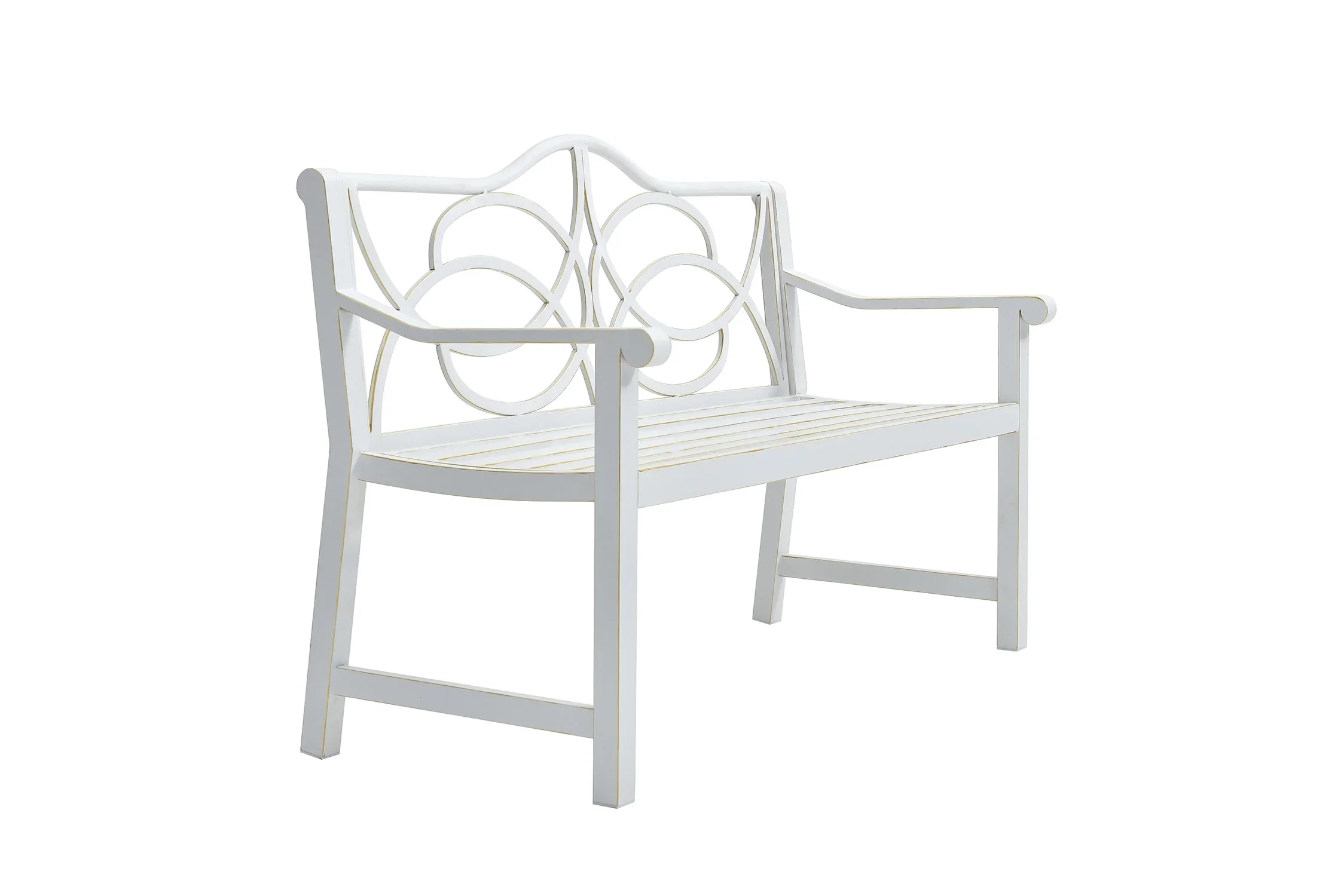 Royard Oaktree Outdoor Patio Bench, Garden Bench with Iron Metal Steel Frame, Backrest, and Armrests, Park Bench with Slatted Seat for 2-3 People for Lawn, Yard, Balcony, Porch, White