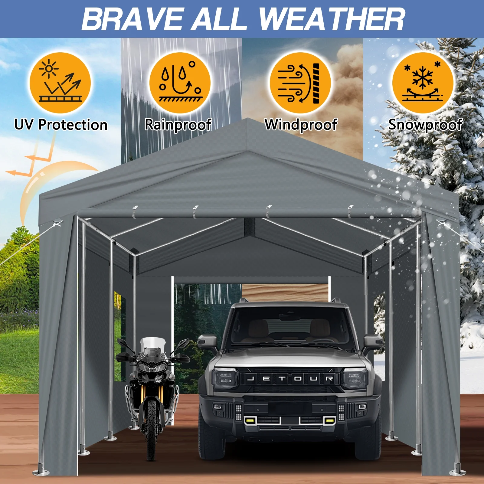 10x20Ft Carport, Large Heavy Duty Car Tent with Galvanized Steel Frame, Portable Storage Boat Shed Canopy Garage with Sidewalls Doors, Gray(10'X20'X9.2') - Image 5