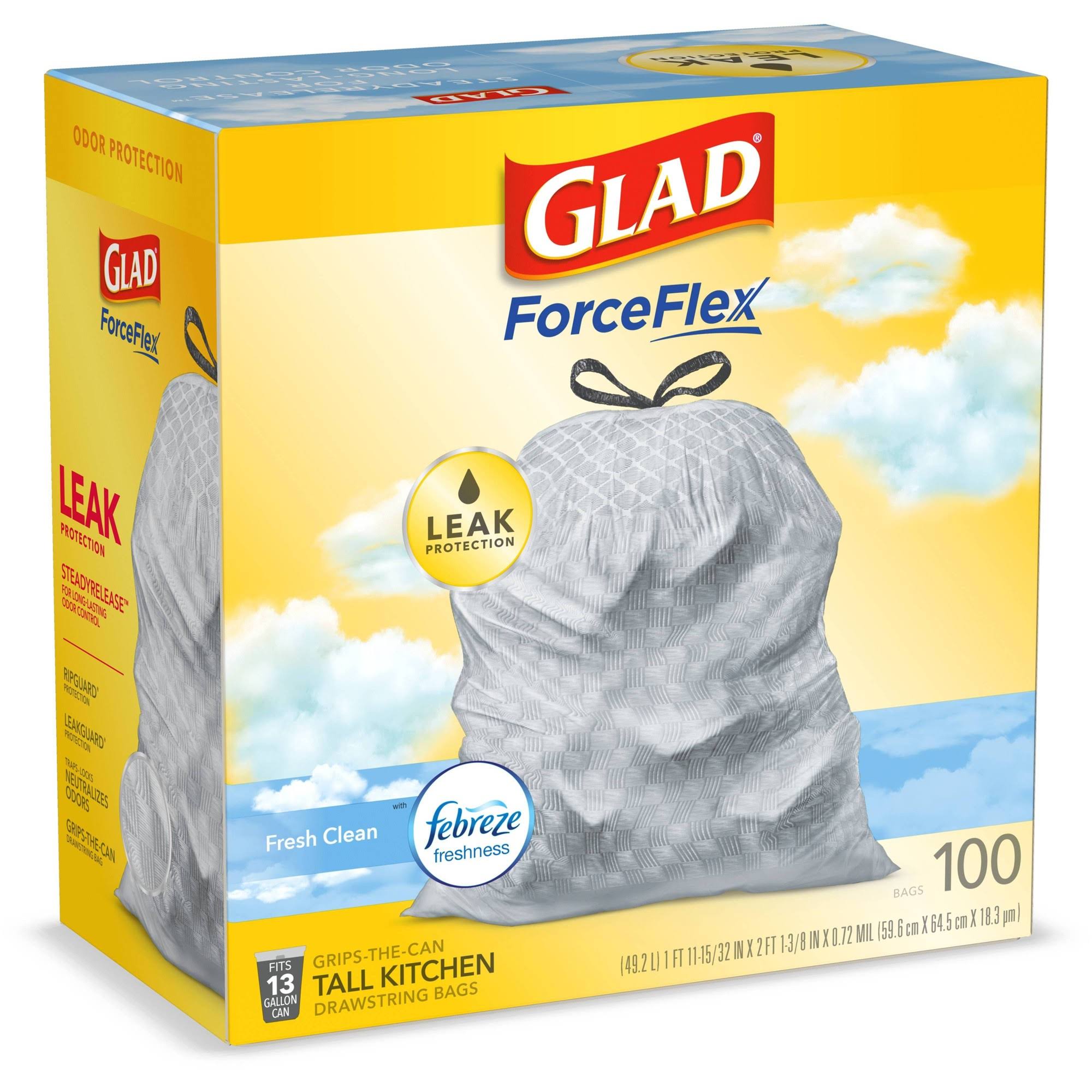 Glad OdorShield Febreze Fresh Clean Scent Tall Kitchen Drawstring Bags, 13 gal - 100 count