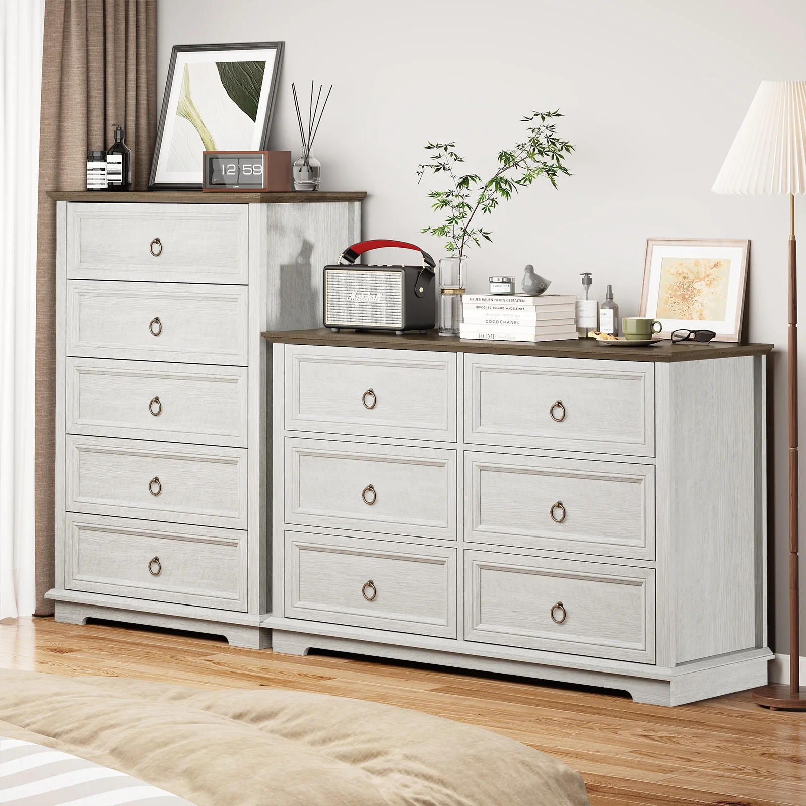 6 Drawers Dresser for Living Room,Storage Cabinet Wooden Dressers Organizer for Bedroom,White(Horizontal/White) - Image 5