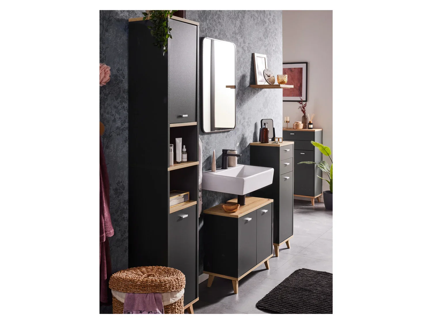 LIVARNO home Meuble de salle de bains Corfu, 60 x 96 x 28 cm, anthracite/imitation chne
