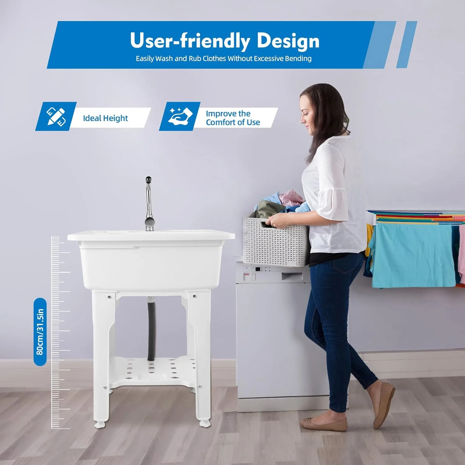 Freestanding Utility Sink, Utility Sink Extra-Deep Laundry Tub, Freestanding Plastic Utility Sink Laundry Tub Sink for Basement, Laundry Room, Garage or Shop (White)(White 33.07IN H) - Image 9