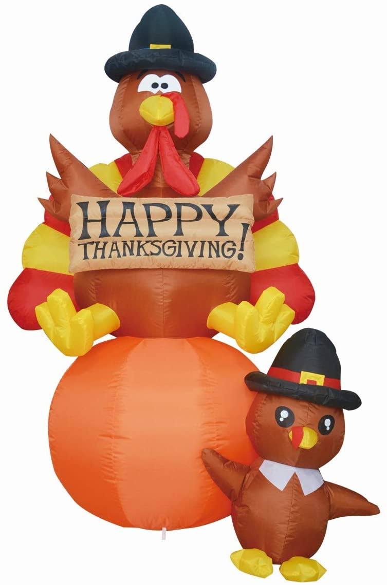 GOOSH 6 ft Height Thanksgiving Inflatables Turkey on Pumpkin & Little Turkey, Blow Up Yard Decoration Clearance with LED Lights